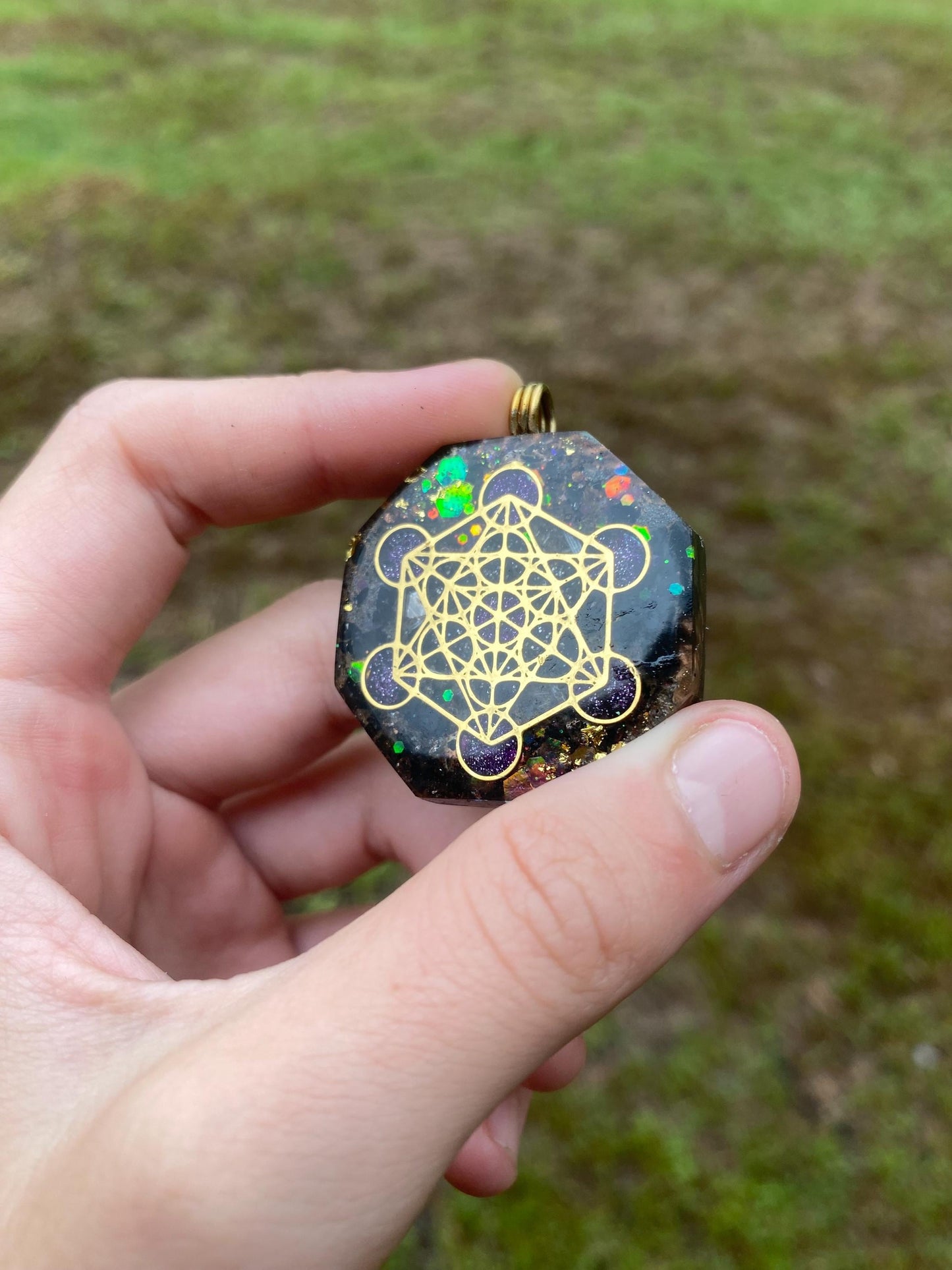 Metatrons Cube, Pendant Necklace. Made w Elite Shungite, Selenite and Mica. Powerful. EMF 5g Protection. TENSOR RING and 24ct Gold. Fin
