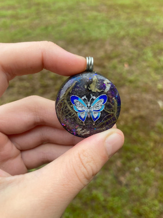 Butterfly, Orgonite Pendant: Shungite, Amethyst, Tensor Ring EMF Protection