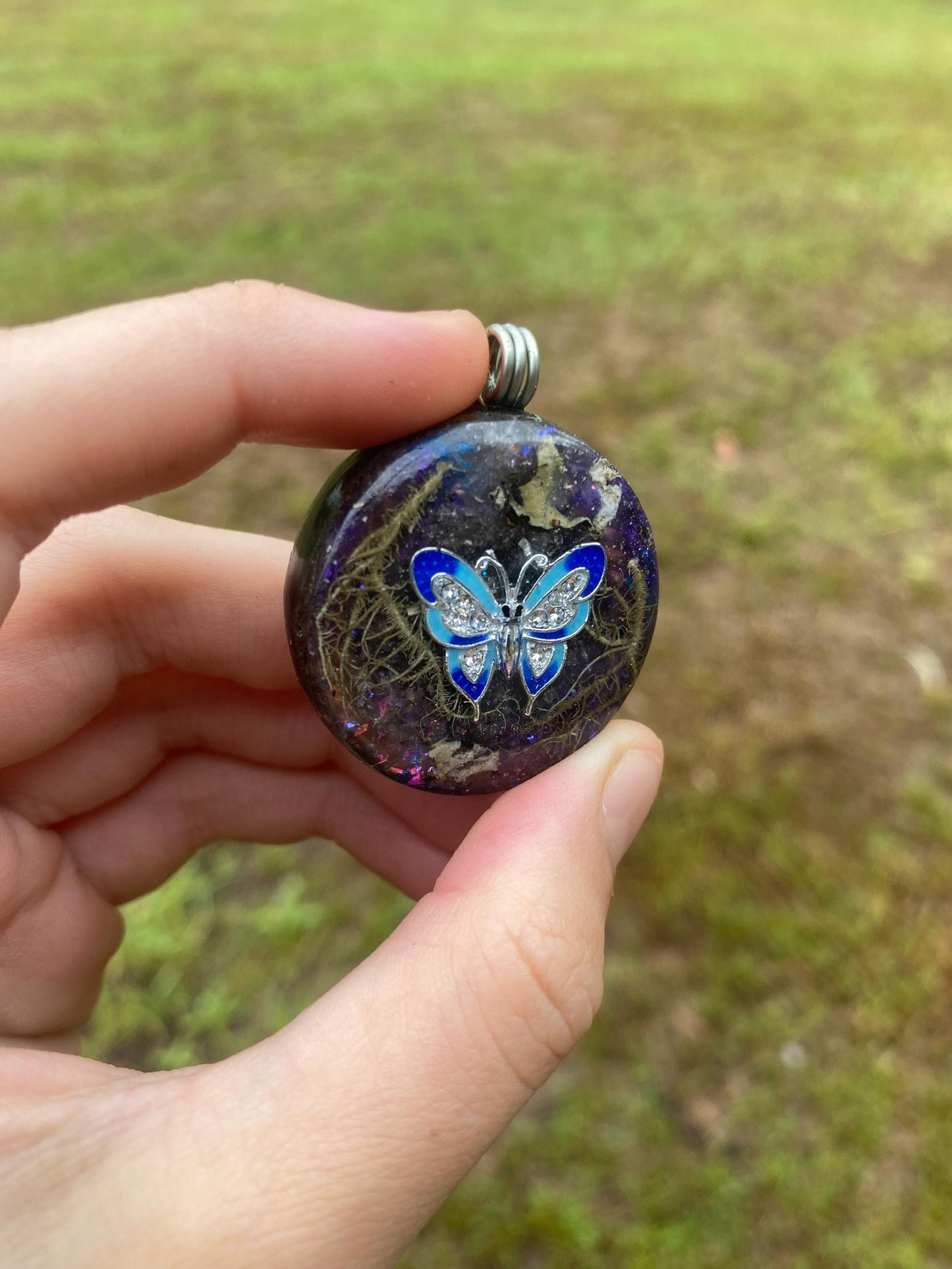 Butterfly, Orgonite Pendant: Shungite, Amethyst, Tensor Ring EMF Protection