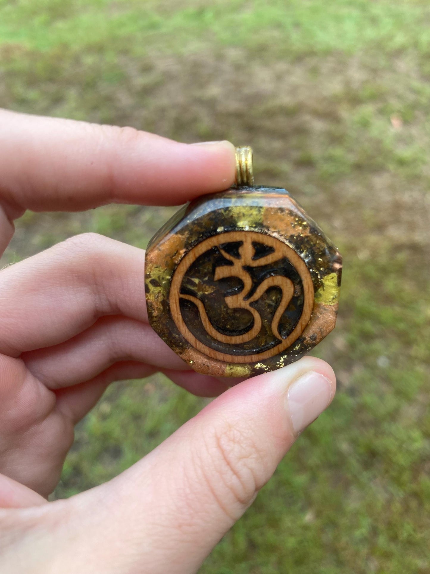 Om. Orgone Pendant Necklace. TENSOR RING. Elite Shungite. Bronzite. EMF, 5G Protection. 24ct gold