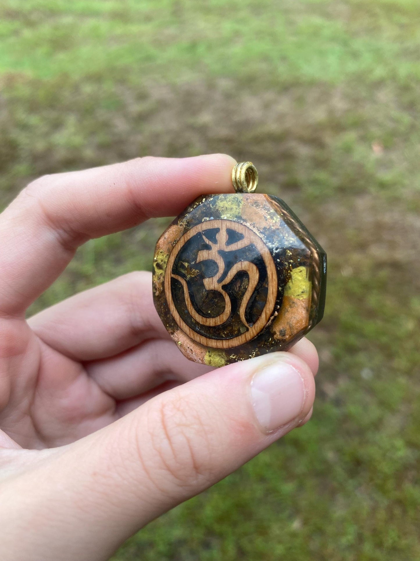 Om. Orgone Pendant Necklace. TENSOR RING. Elite Shungite. Bronzite. EMF, 5G Protection. 24ct gold
