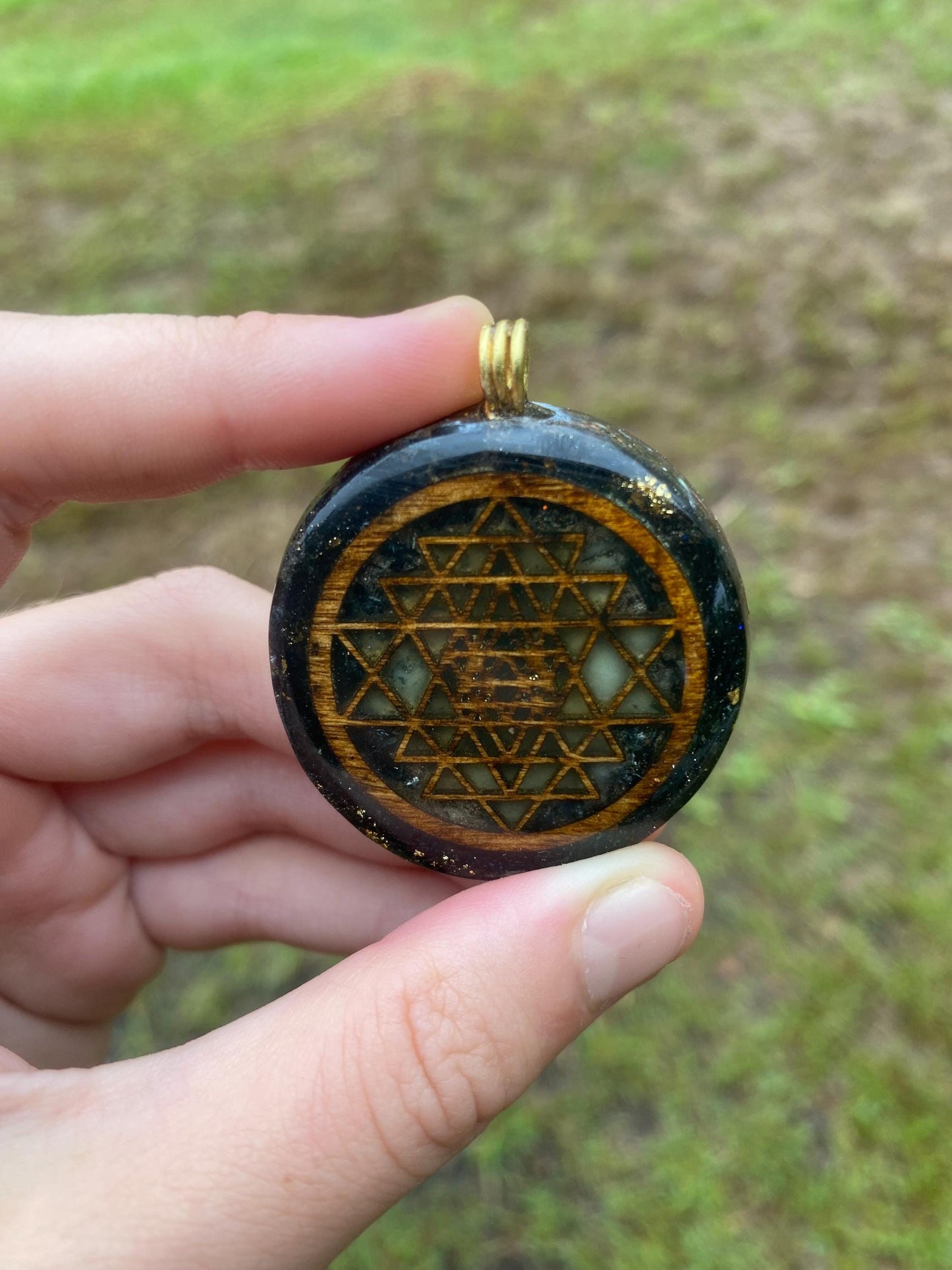 Sri Yantra. Orgone Pendant Necklace. Made w Elite Shungite, Vivianite & Tensor Ring. Powerful. 5G Protection.