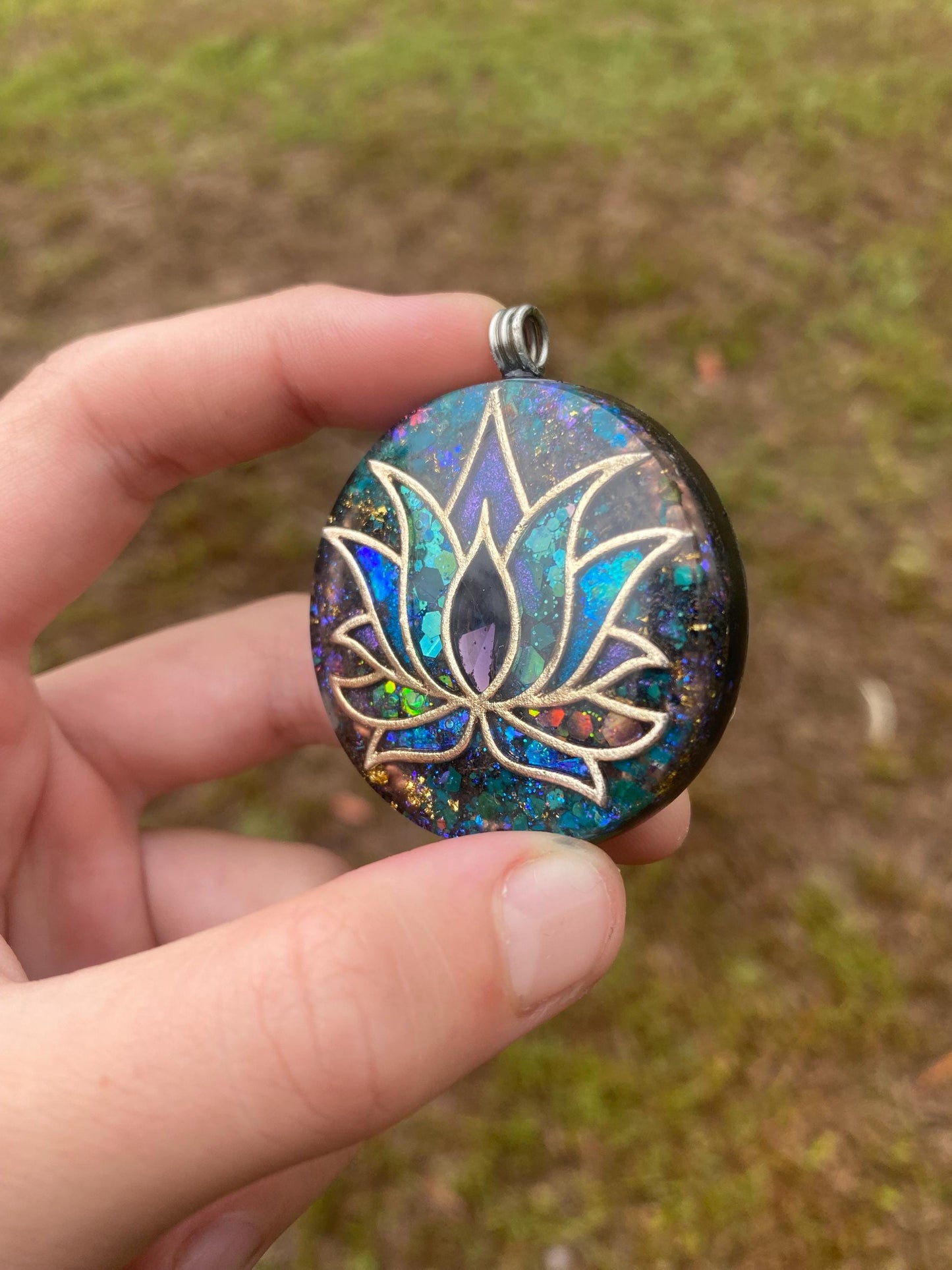Lotus. Orgone Pendant Necklace. Made w Elite Shungite, chryscolla, 24ct Gold & Tensor Ring. Powerful. 5G Protection.