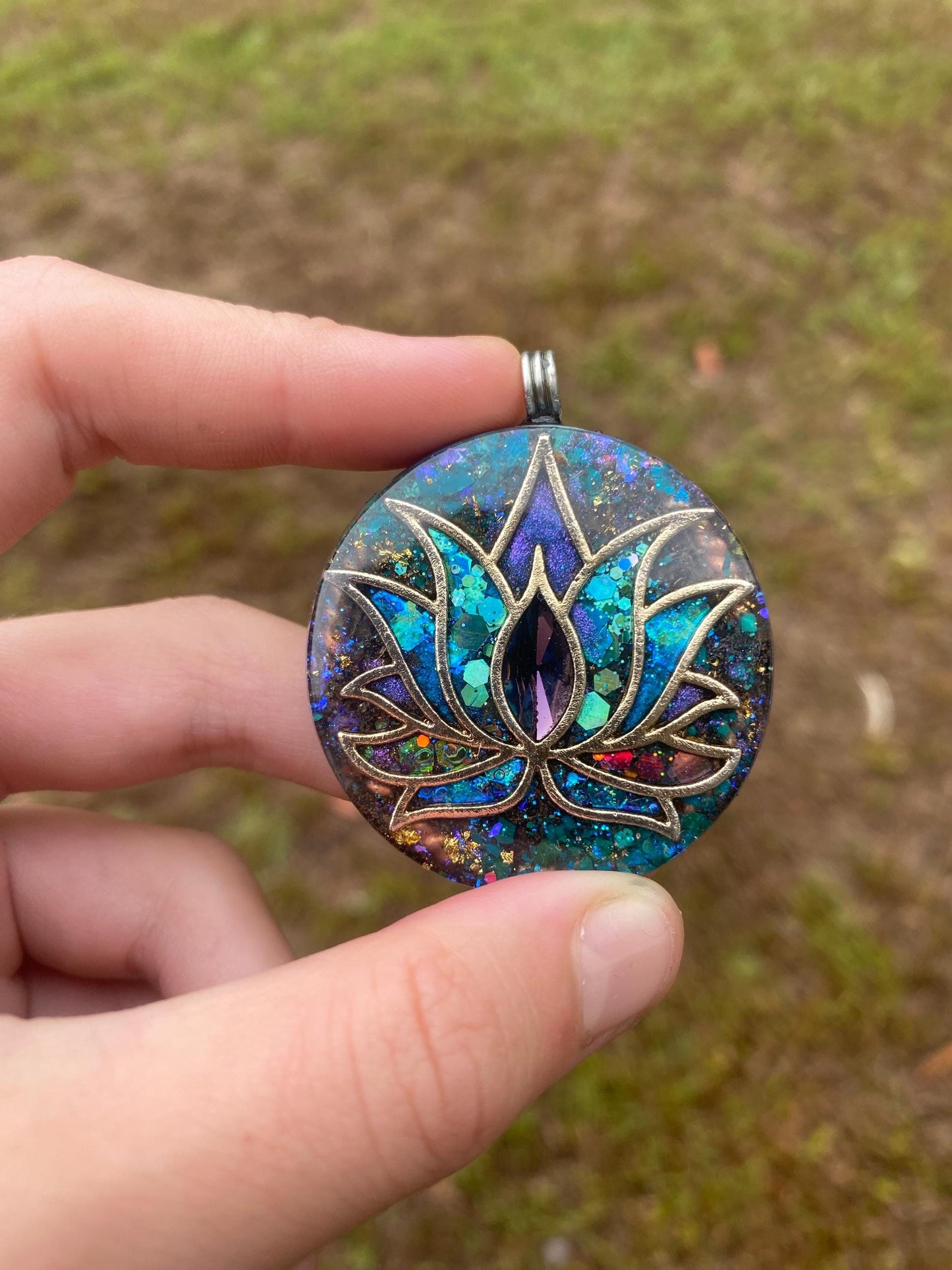 Lotus. Orgone Pendant Necklace. Made w Elite Shungite, chryscolla, 24ct Gold & Tensor Ring. Powerful. 5G Protection.