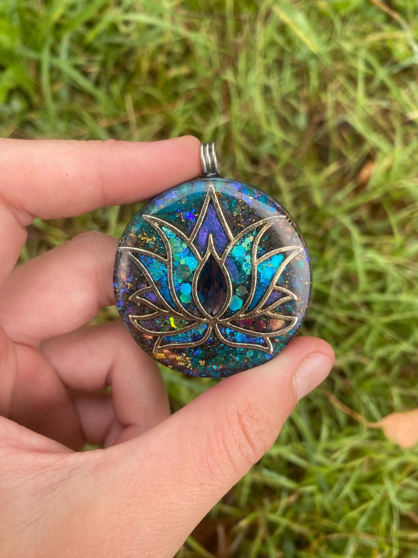 Lotus. Orgone Pendant Necklace. Made w Elite Shungite, chryscolla, 24ct Gold & Tensor Ring. Powerful. 5G Protection.
