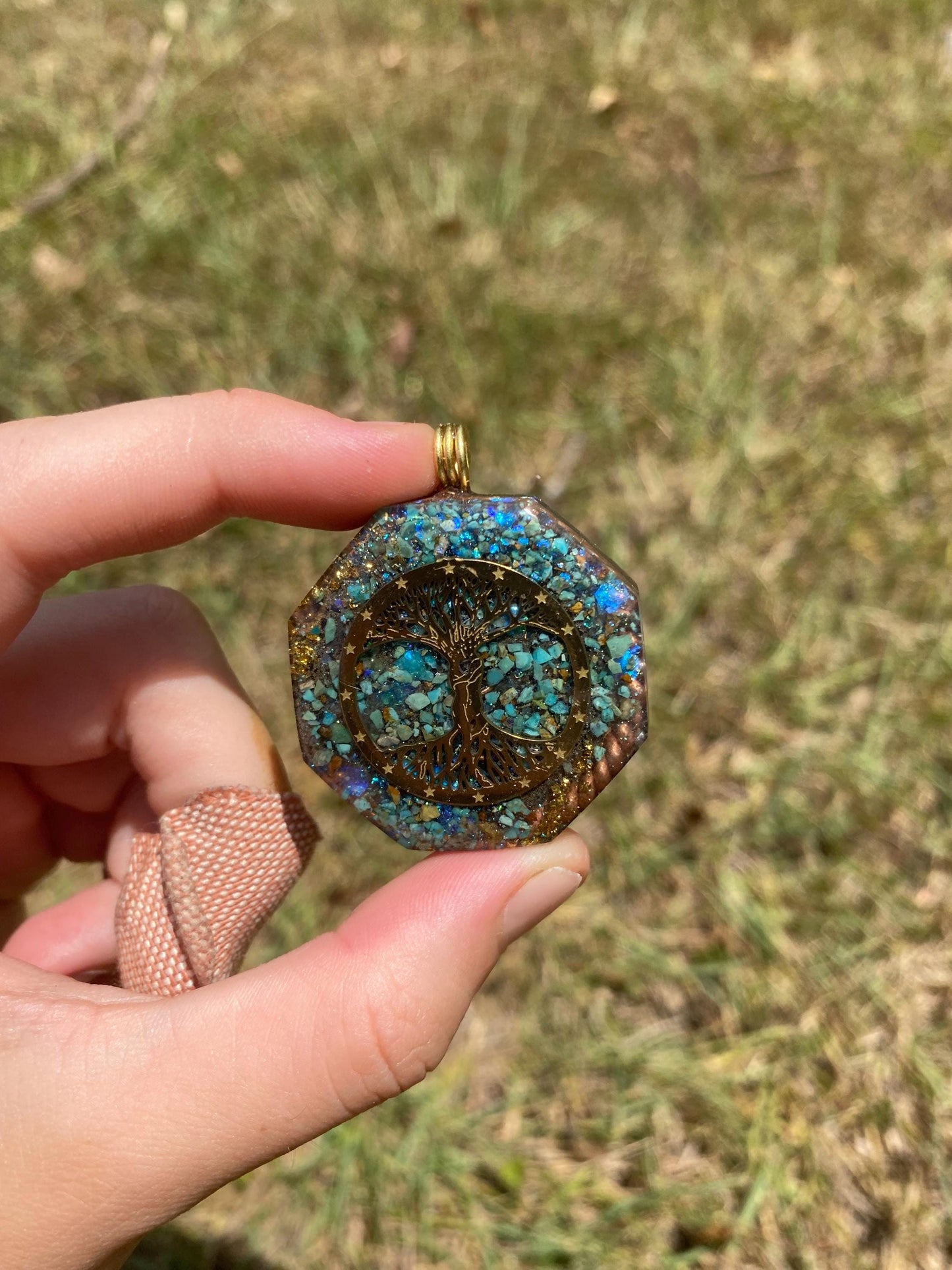 Tree of Life, Orgone Pendant Necklace. Made w Elite Shungite, 25 ct Gold and Turquoise. Tensor Ring. Powerful. EMF 5G Protection.