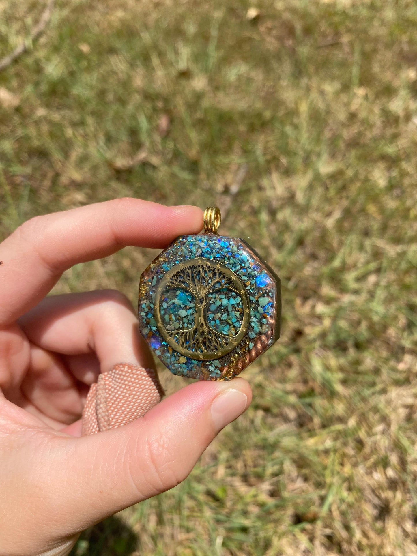 Tree of Life, Orgone Pendant Necklace. Made w Elite Shungite, 25 ct Gold and Turquoise. Tensor Ring. Powerful. EMF 5G Protection.