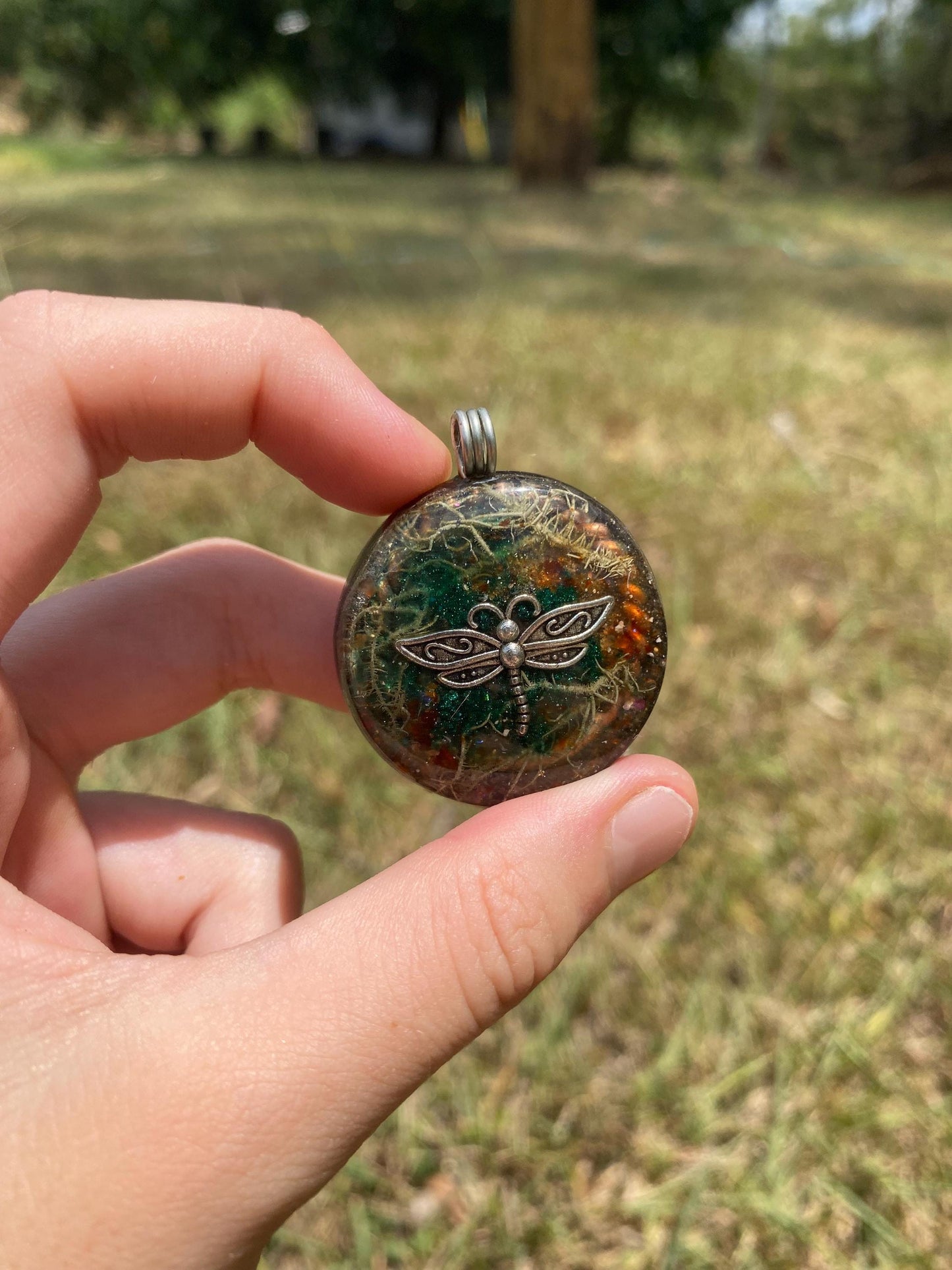 Dragonfly. Orgone Pendant Necklace. TENSOR RING. Elite Shungite, Carnelian, Lichen. 4G and 5G Protection.