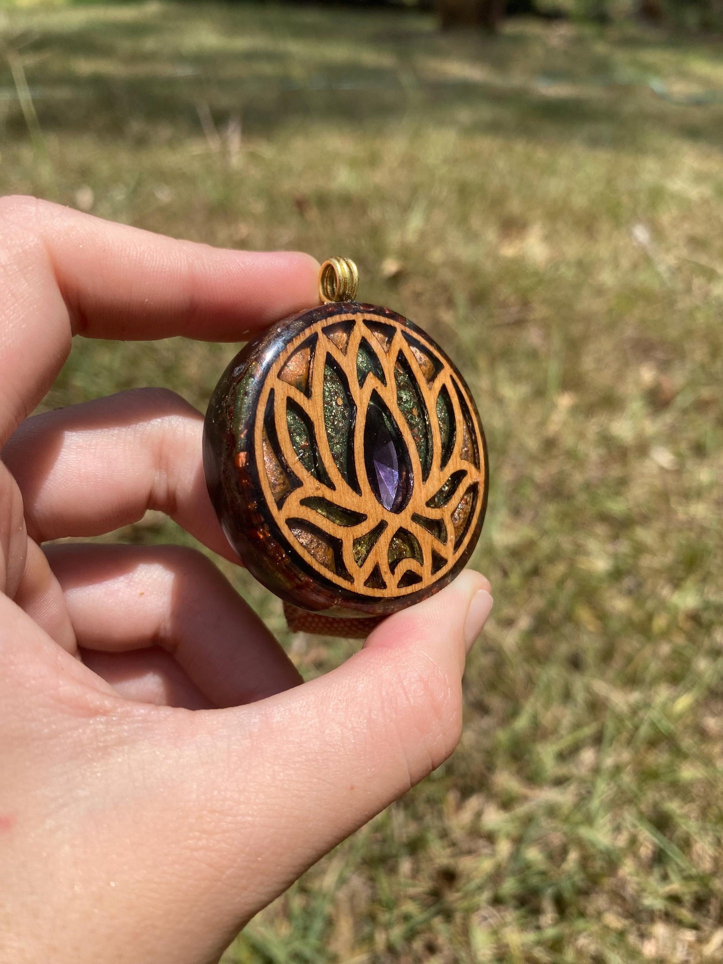 Lotus Orgone Pendant Necklace. Made w Elite Shungite, Red Tigers Eye. Powerful. EMF Protection. 5G Protection. TENSOR RING