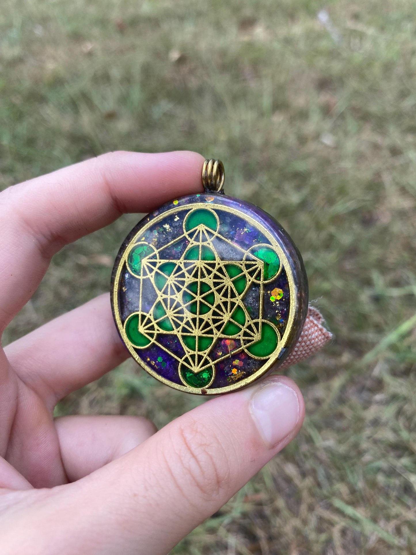 Metatrons Cube, Orgonite Pendant: Shungite, Amethyst, Tensor Ring EMF Protection