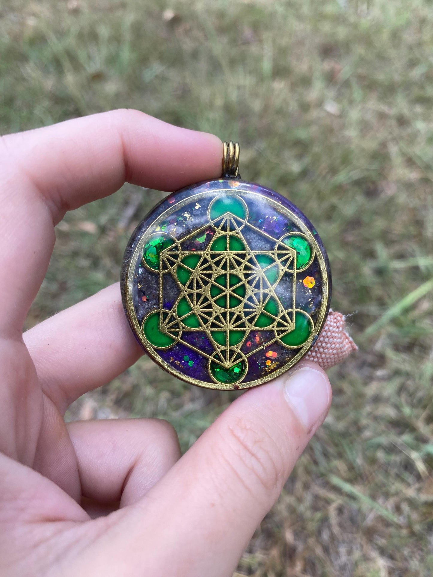 Metatrons Cube, Orgonite Pendant: Shungite, Amethyst, Tensor Ring EMF Protection