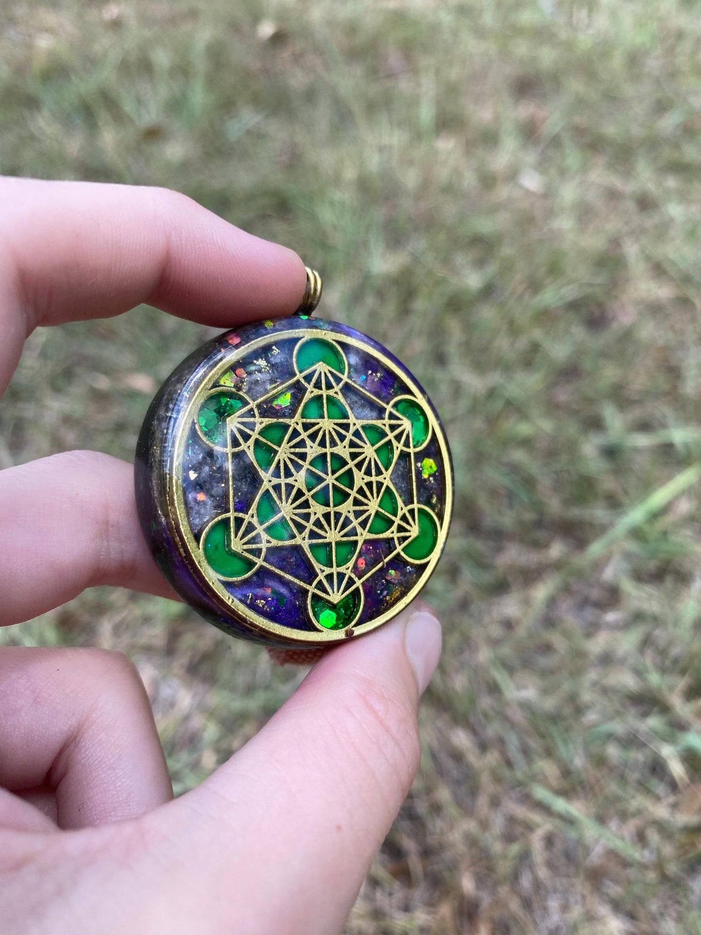 Metatrons Cube, Orgonite Pendant: Shungite, Amethyst, Tensor Ring EMF Protection