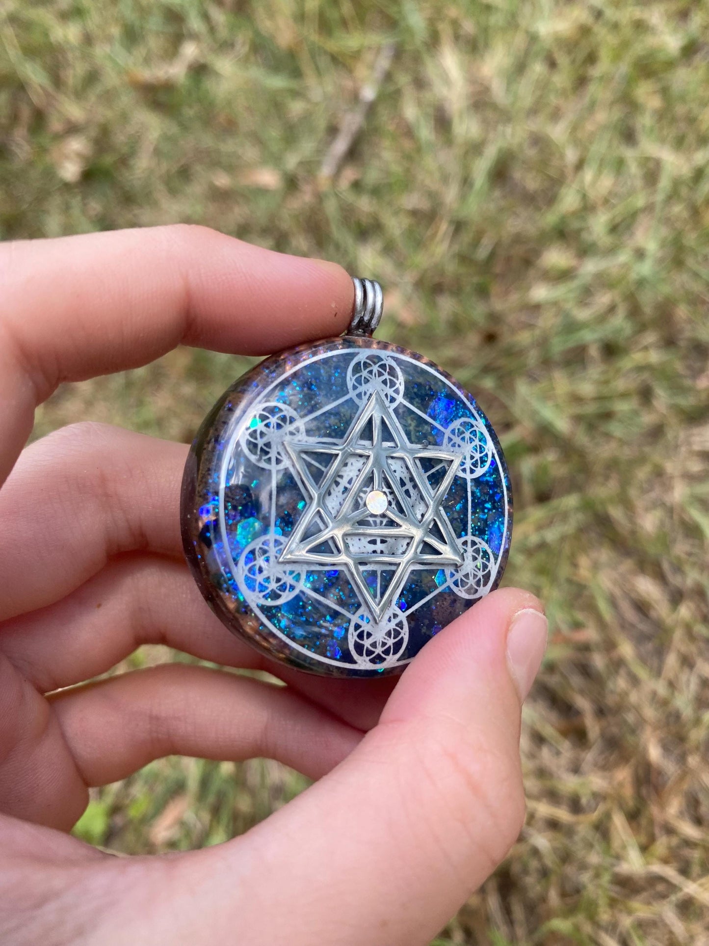 Merkaba/Metatrons Cube, Orgonite Pendant: Shungite, Kambaba jasper, Tensor Ring EMF Protection
