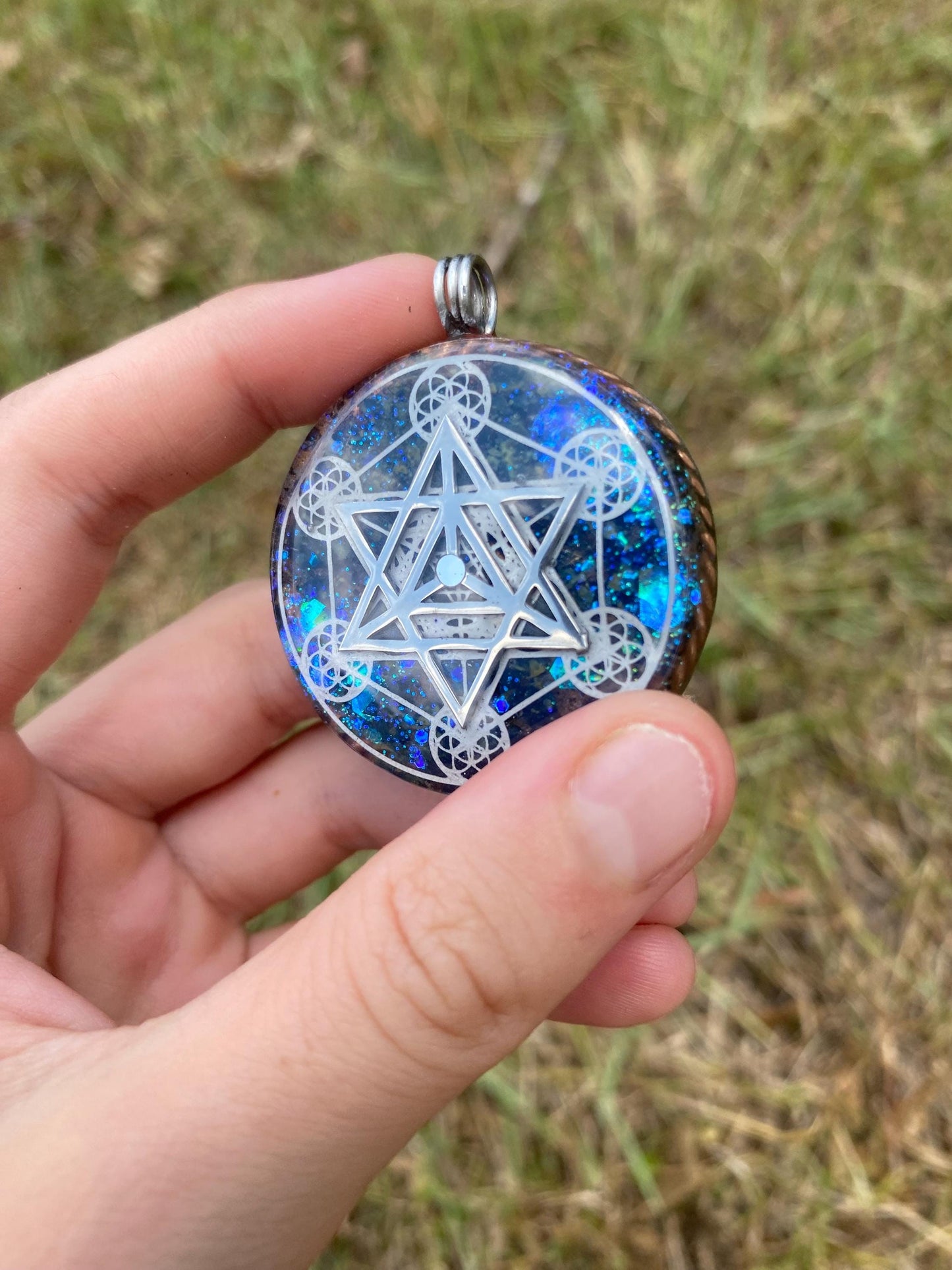Merkaba/Metatrons Cube, Orgonite Pendant: Shungite, Kambaba jasper, Tensor Ring EMF Protection