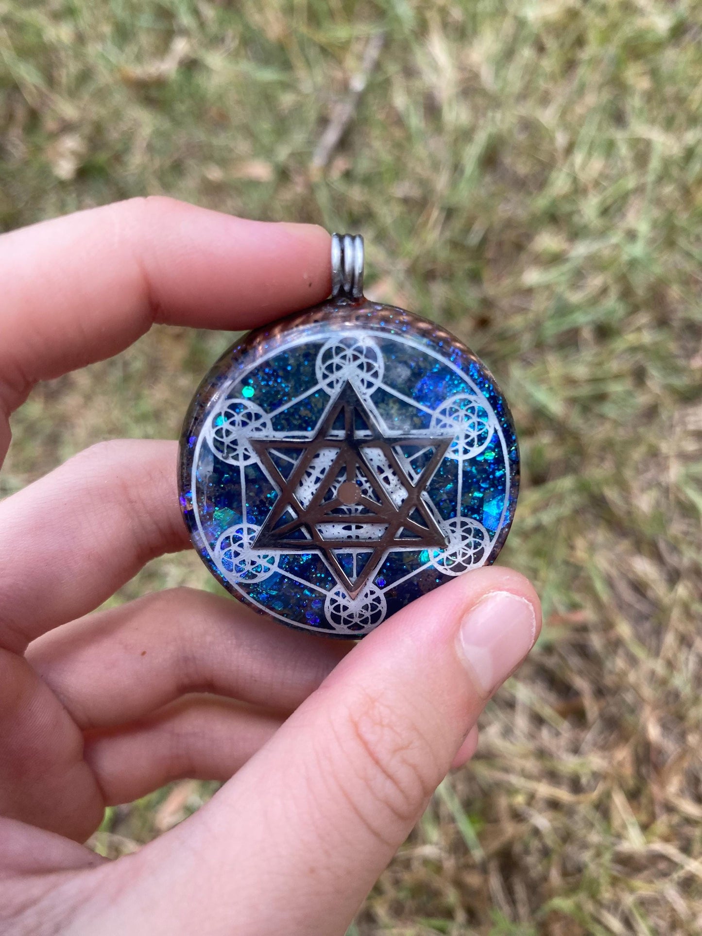 Merkaba/Metatrons Cube, Orgonite Pendant: Shungite, Kambaba jasper, Tensor Ring EMF Protection