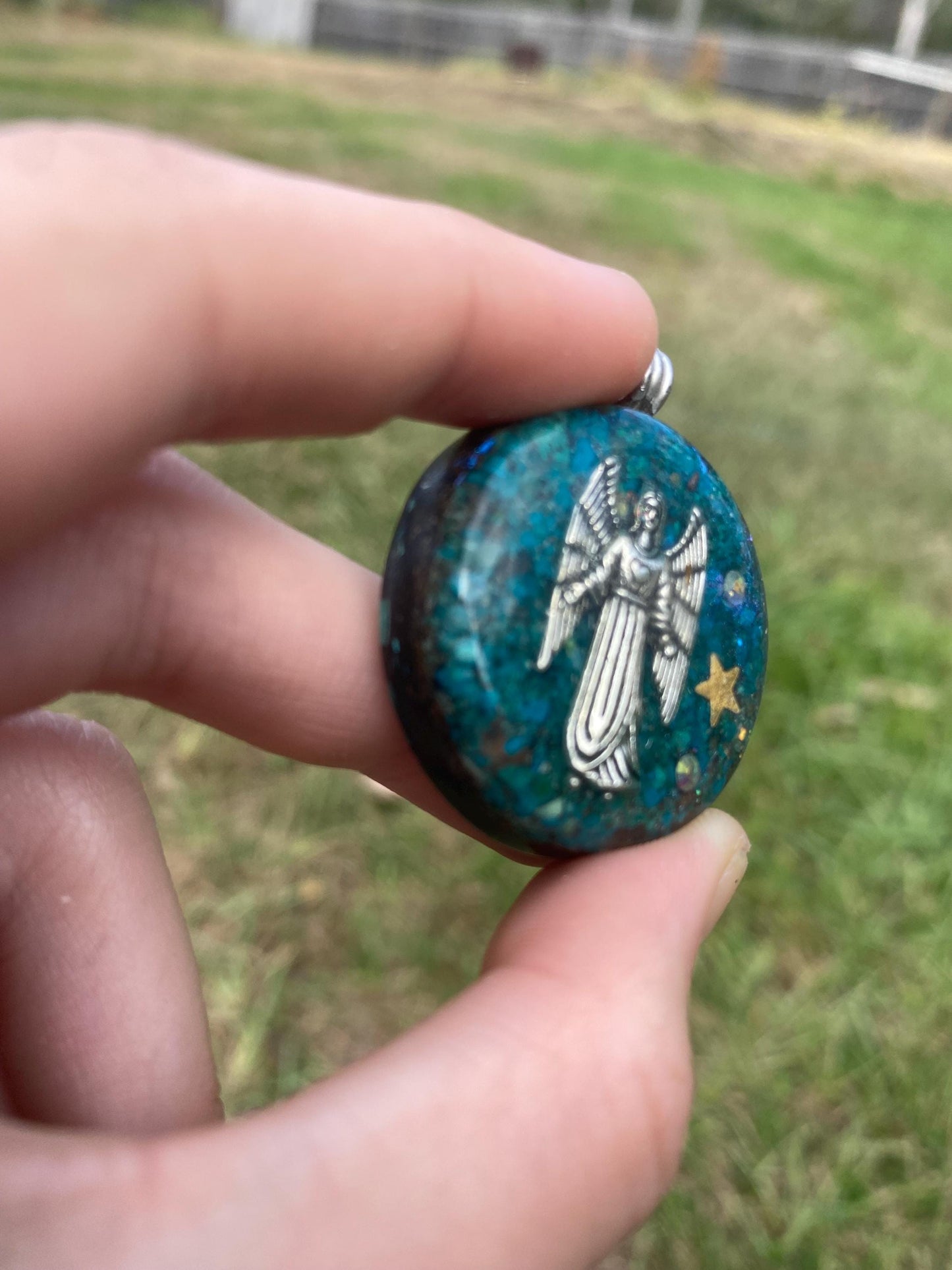 Arch Angel Orgone Pendant Necklace. Made w Elite Shungite, chryscolla, & Tensor Ring. Powerful. 5G Protection.