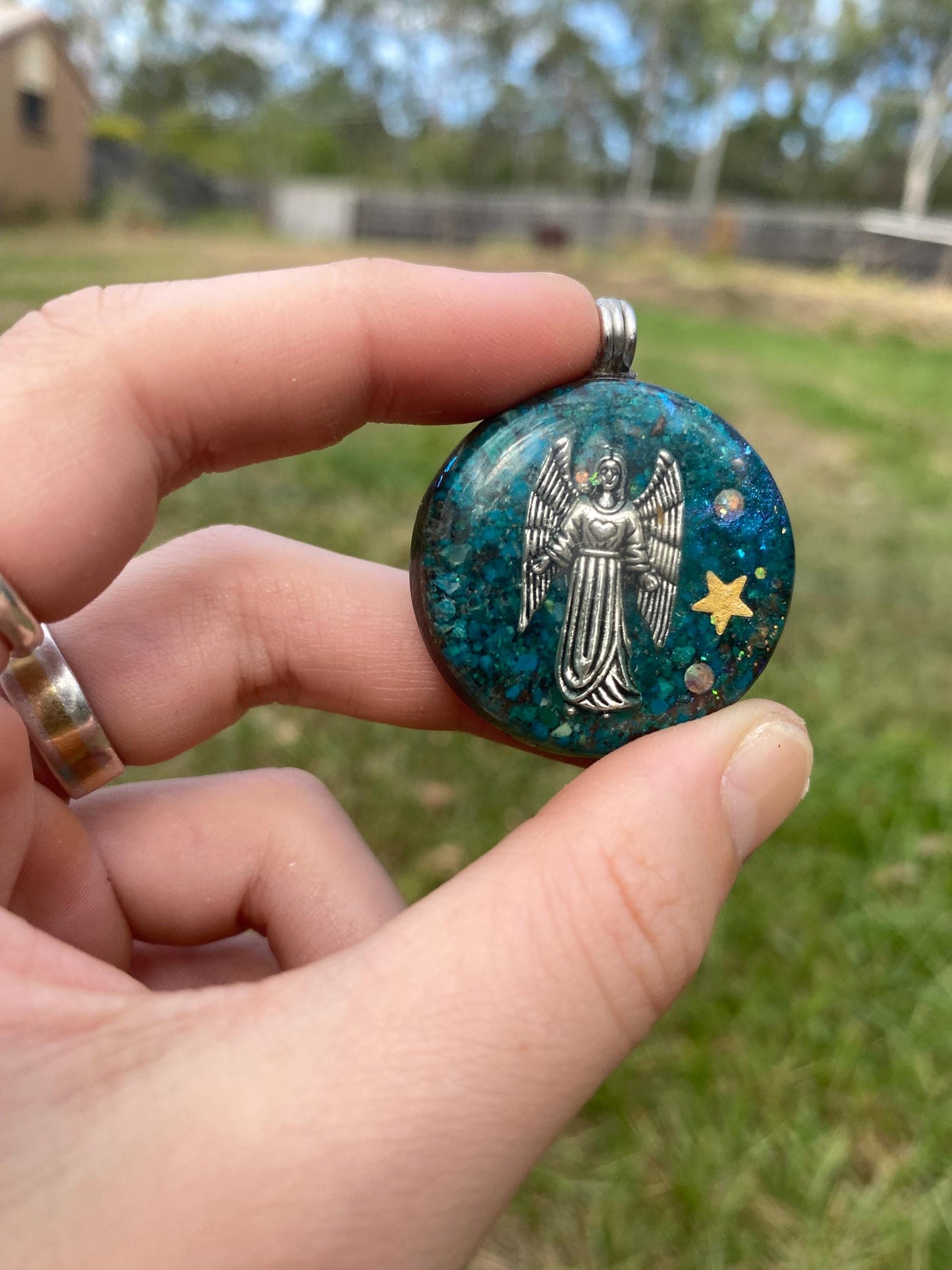 Arch Angel Orgone Pendant Necklace. Made w Elite Shungite, chryscolla, & Tensor Ring. Powerful. 5G Protection.