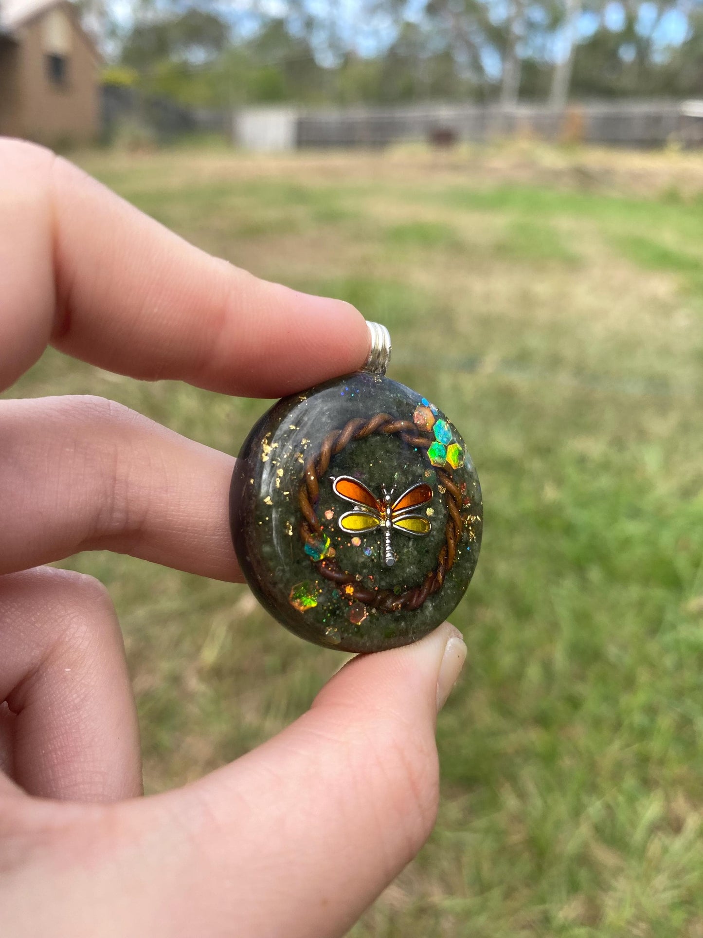 Dragonfly Orgone Pendant Necklace. Made w Elite Shungite, and Diopside. Powerful. EMF Protection. 5G Protection. 24ct Gold
