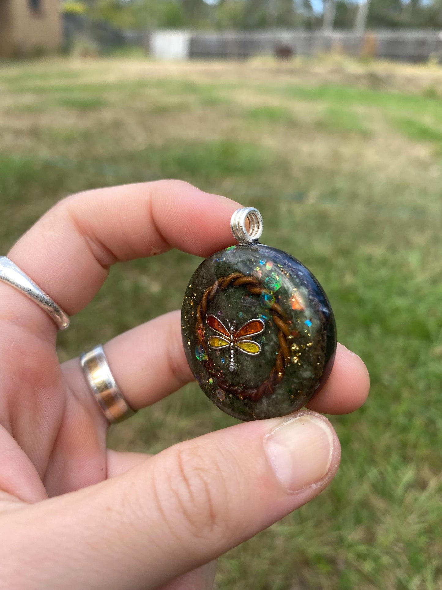 Dragonfly Orgone Pendant Necklace. Made w Elite Shungite, and Diopside. Powerful. EMF Protection. 5G Protection. 24ct Gold
