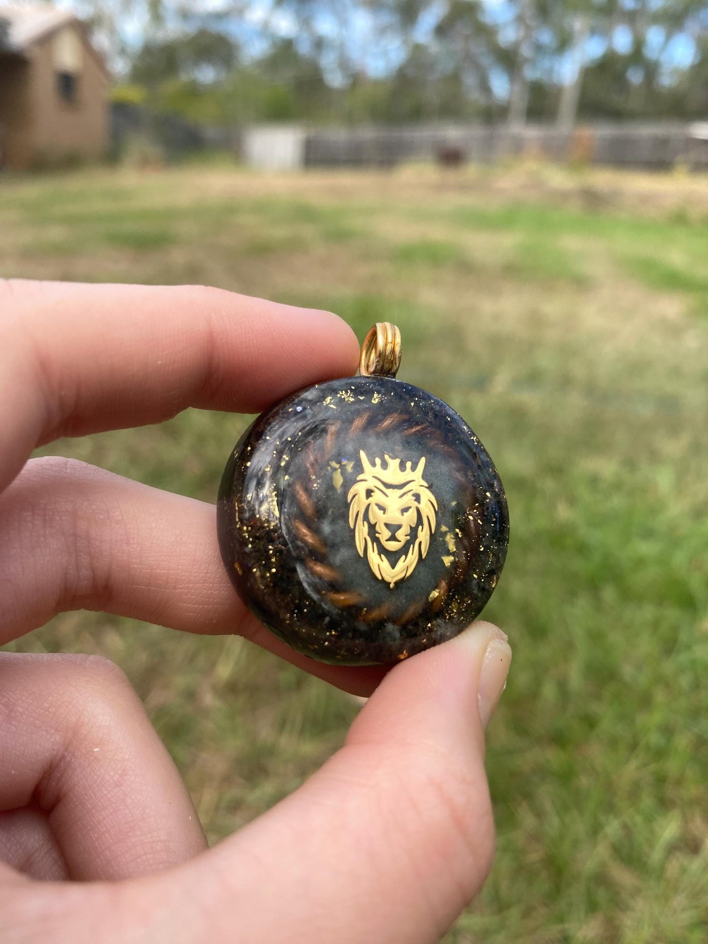 Lion King. Orgone Pendant Necklace. Made w Elite Shungite, Selenite, 24ct Gold & Emerald. Powerful. EMF Protection.