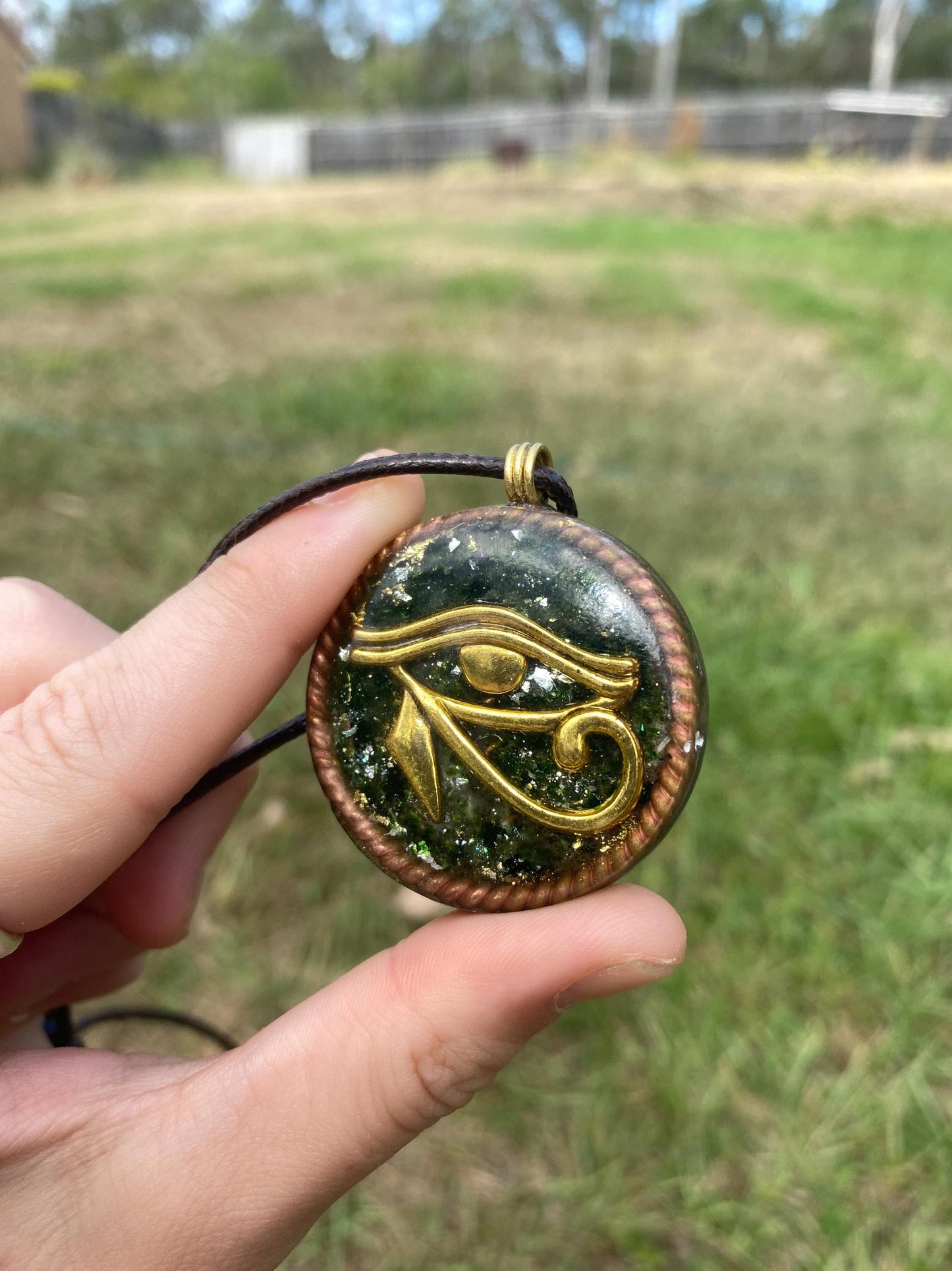 Eye Horus. Orgone Pendant Necklace. Made w Elite Shungite, Selenite, 24ct Gold & Green Goldstone. Powerful. EMF Protection.