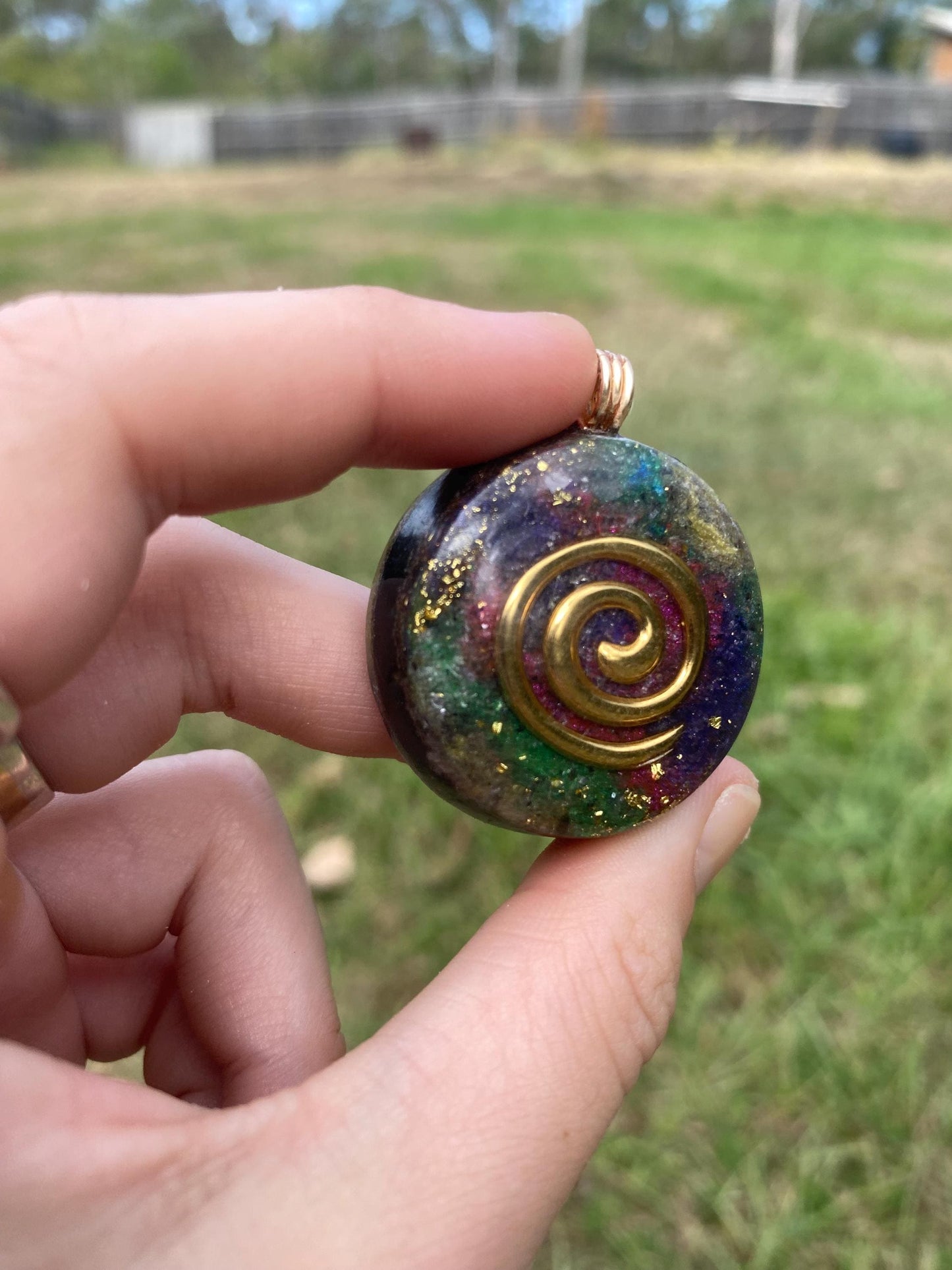 Spiral. Pendant Necklace. Made w Elite Shungite and Amethyst. Tensor Ring. Powerful. EMF Protection.24ct Gold, 5G Protection.