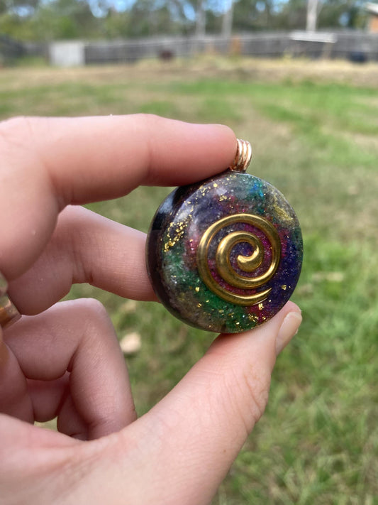 Spiral. Pendant Necklace. Made w Elite Shungite and Amethyst. Tensor Ring. Powerful. EMF Protection.24ct Gold, 5G Protection.