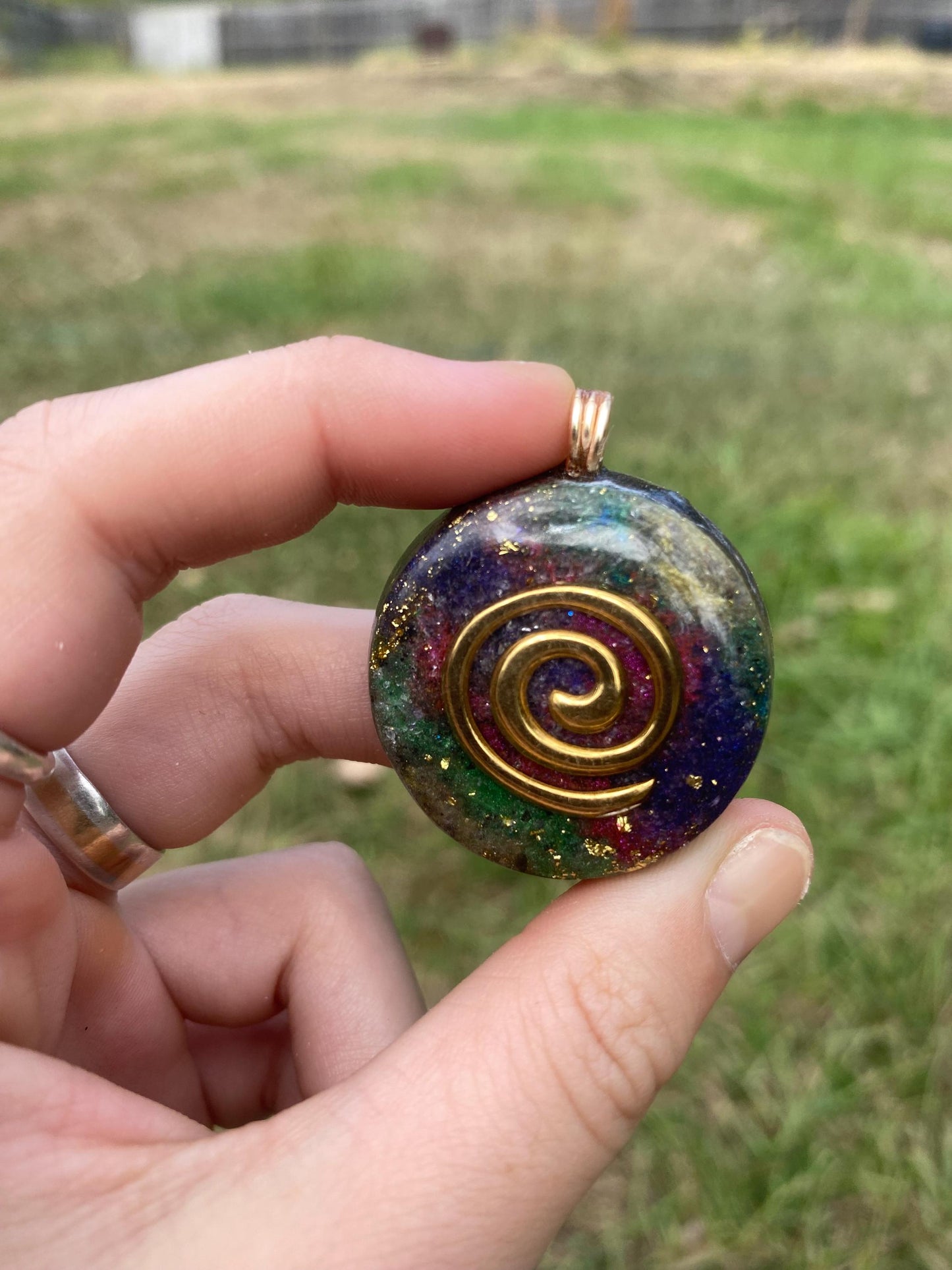 Spiral. Pendant Necklace. Made w Elite Shungite and Amethyst. Tensor Ring. Powerful. EMF Protection.24ct Gold, 5G Protection.