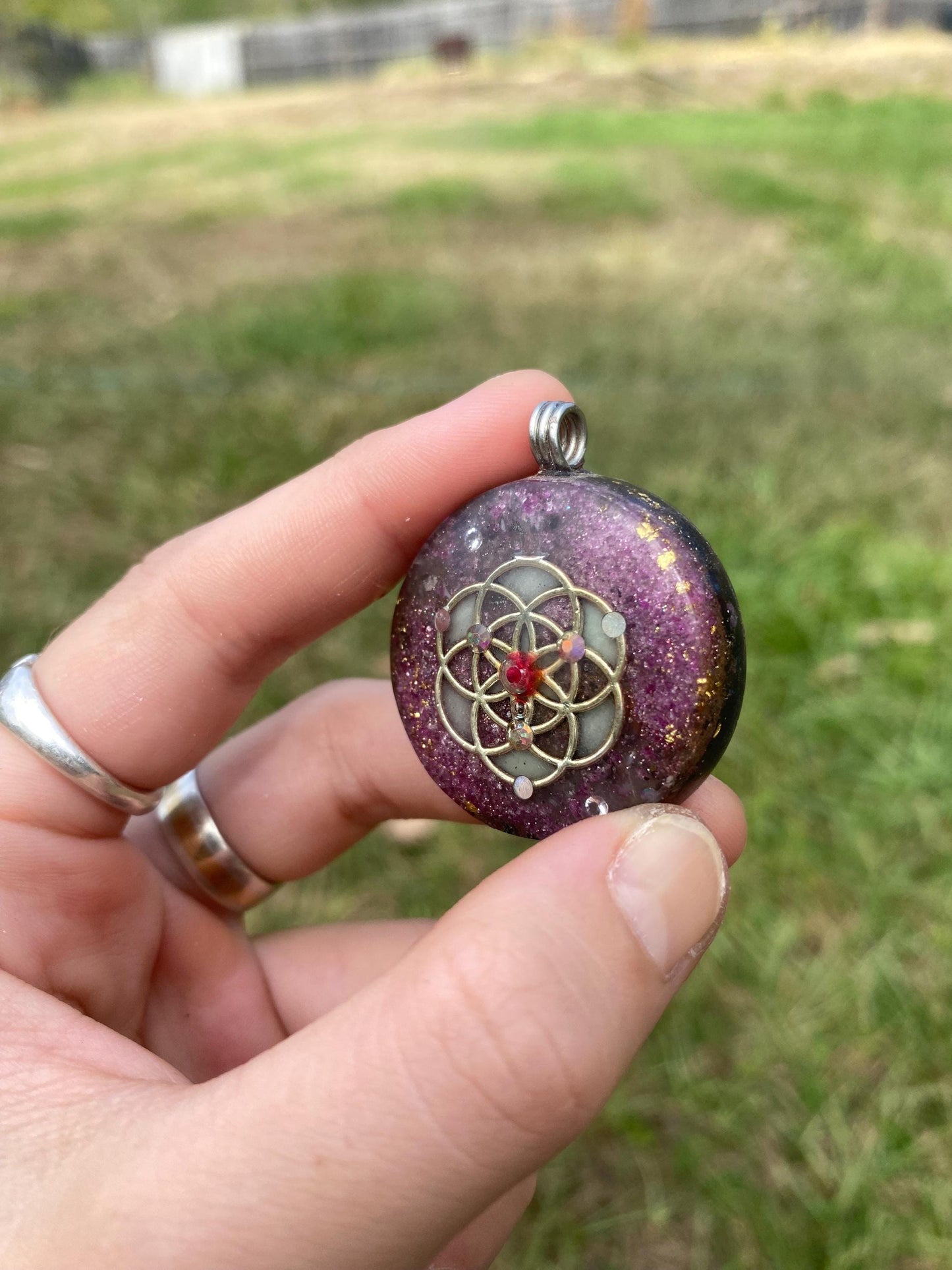 Seed of Life. Orgone Pendant Necklace. Made w Elite Shungite. Ruby. Tensor Ring. Powerful. 5G Protection. Glow in the Dark