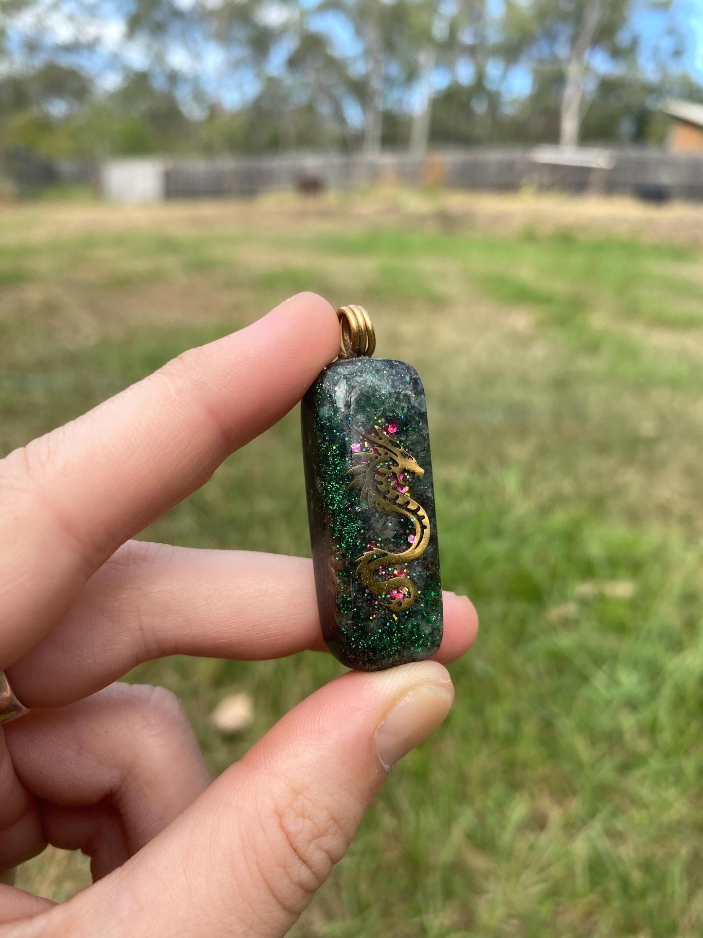 Dragon Orgonite Pendant, Elite Shungite, Selenite, Tensor Ring, Green Aventurine