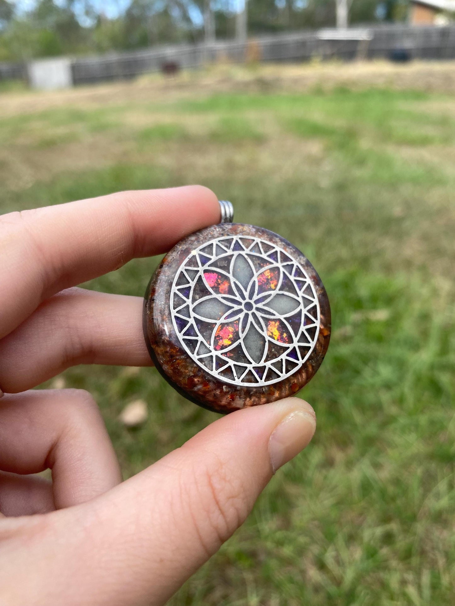 Seed of Life Mandala, Orgone Pendant Necklace. TENSOR RING. Elite Shungite, Carnelian, 4G and 5G Protection. Glow in the dark!