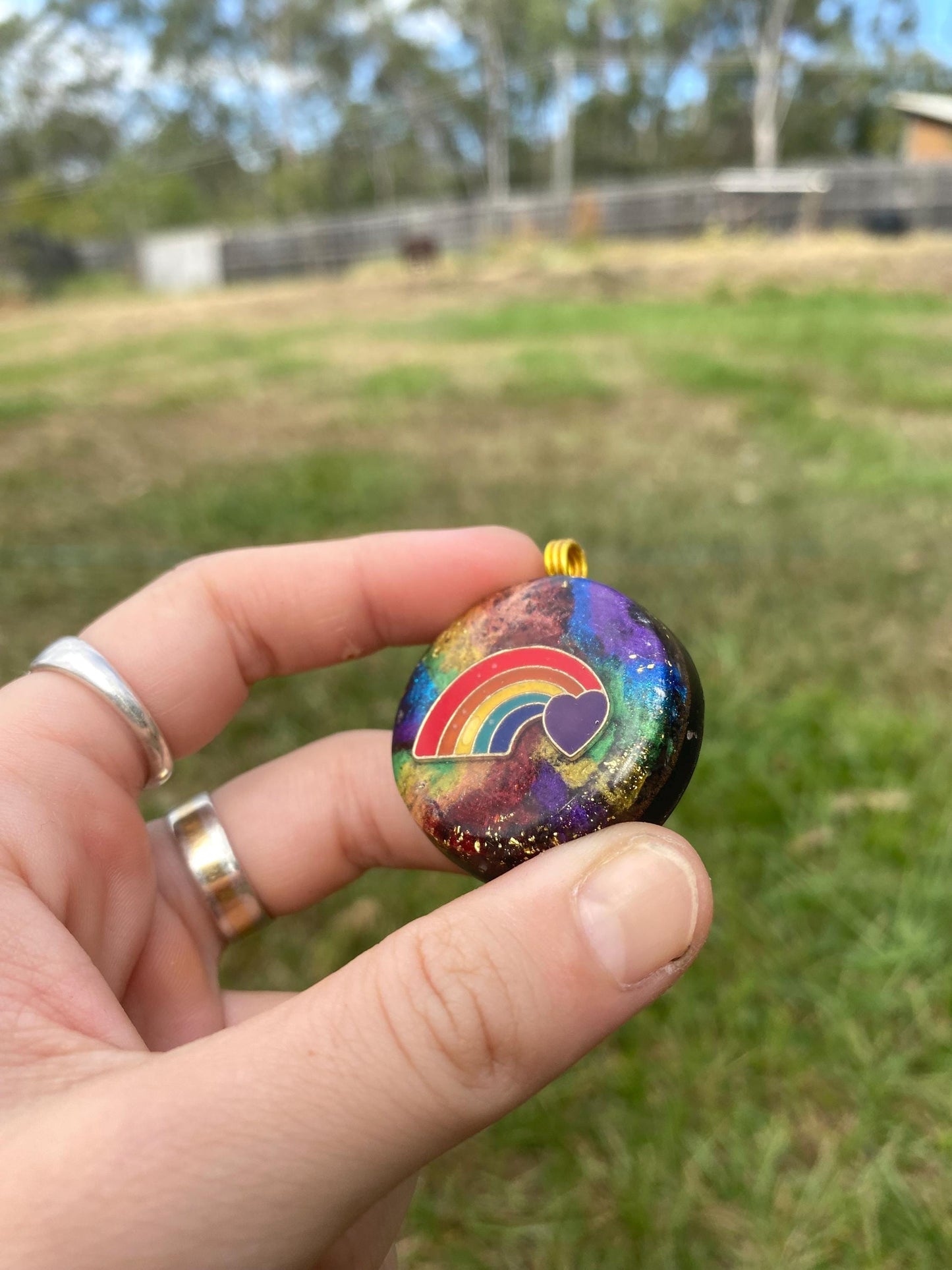Love Rainbow. Orgone Pendant Necklace. Made w Elite Shungite, Lodestone, 25ct Gold and Tensor Ring. Powerful. EMF Protection. 5G Protection