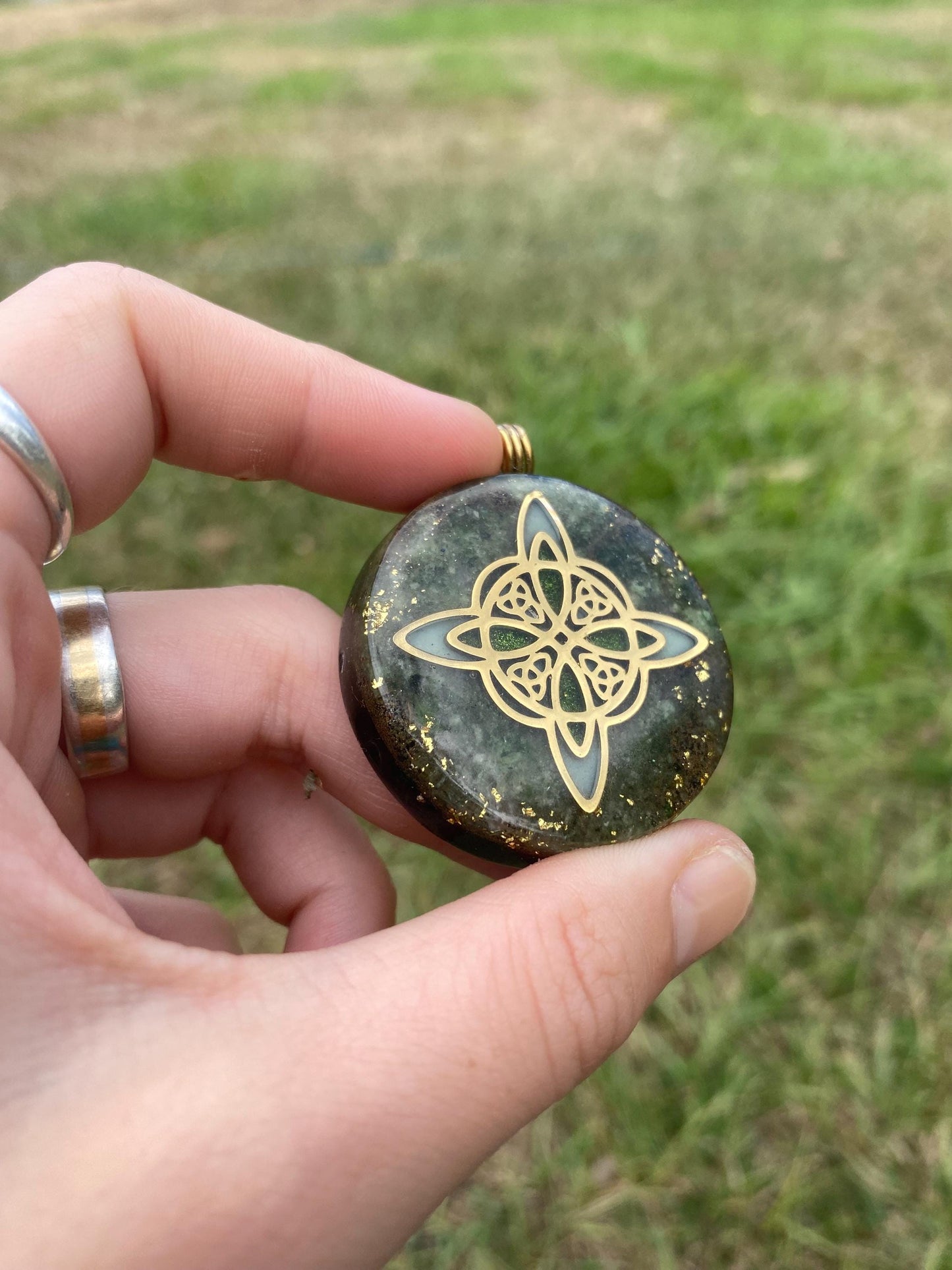 Celtic Knot Orgone Pendant Necklace. Made w Elite Shungite, and Diopside. Powerful. EMF Protection. 5G Protection. 24ct Gold