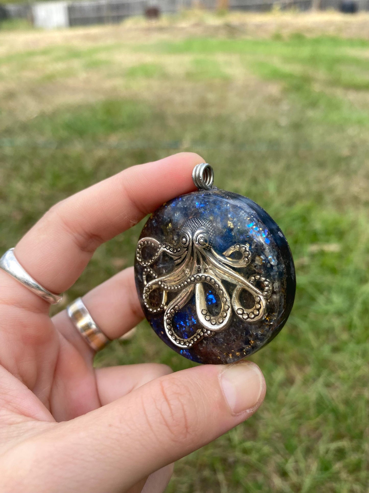 Octopus. Orgone Pendant Necklace. Made w Elite Shungite, blue kyanite. 24ct Gold Powerful. EMF Protection. 5G Protection. TENSOR RING