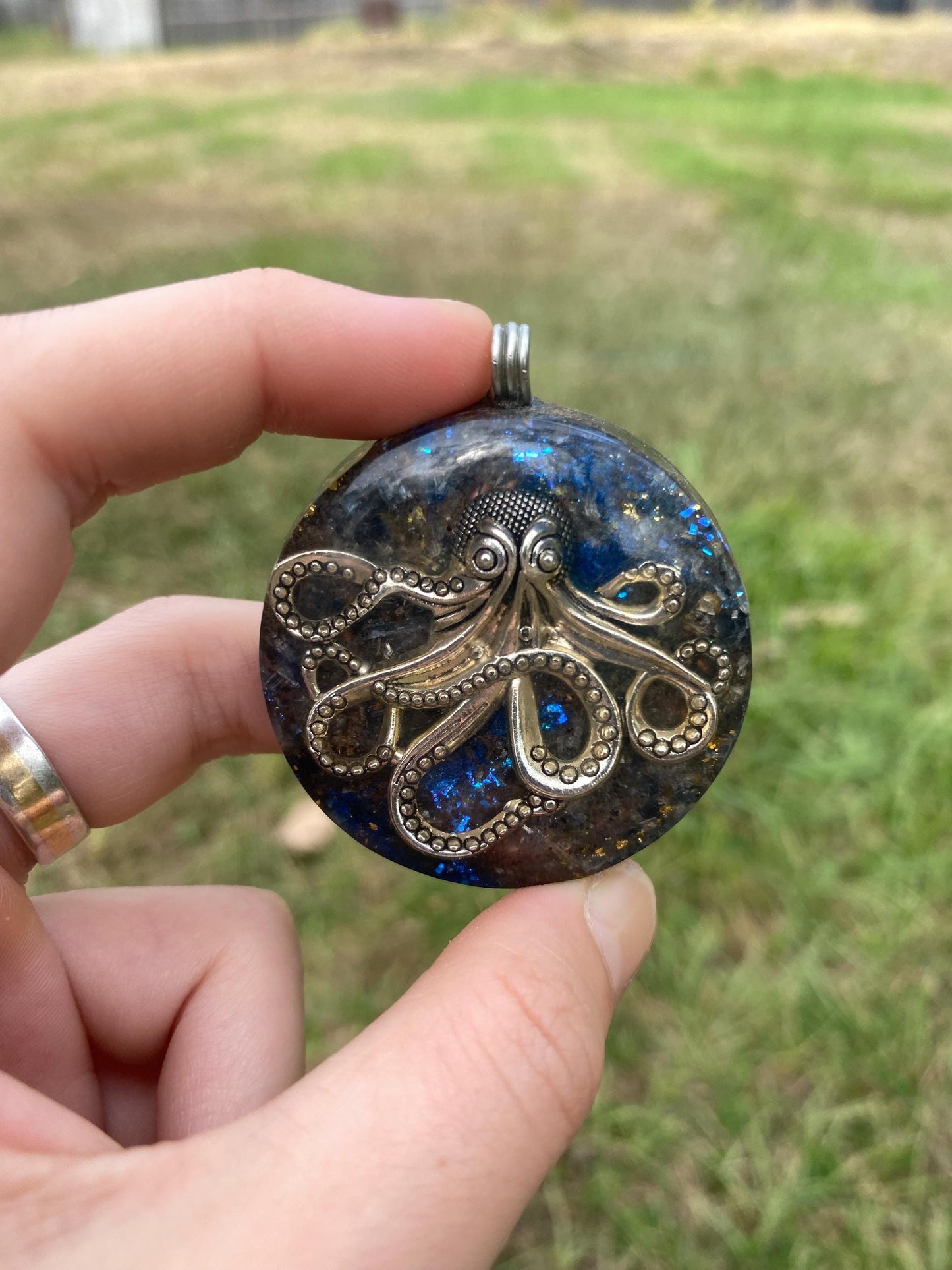Octopus. Orgone Pendant Necklace. Made w Elite Shungite, blue kyanite. 24ct Gold Powerful. EMF Protection. 5G Protection. TENSOR RING