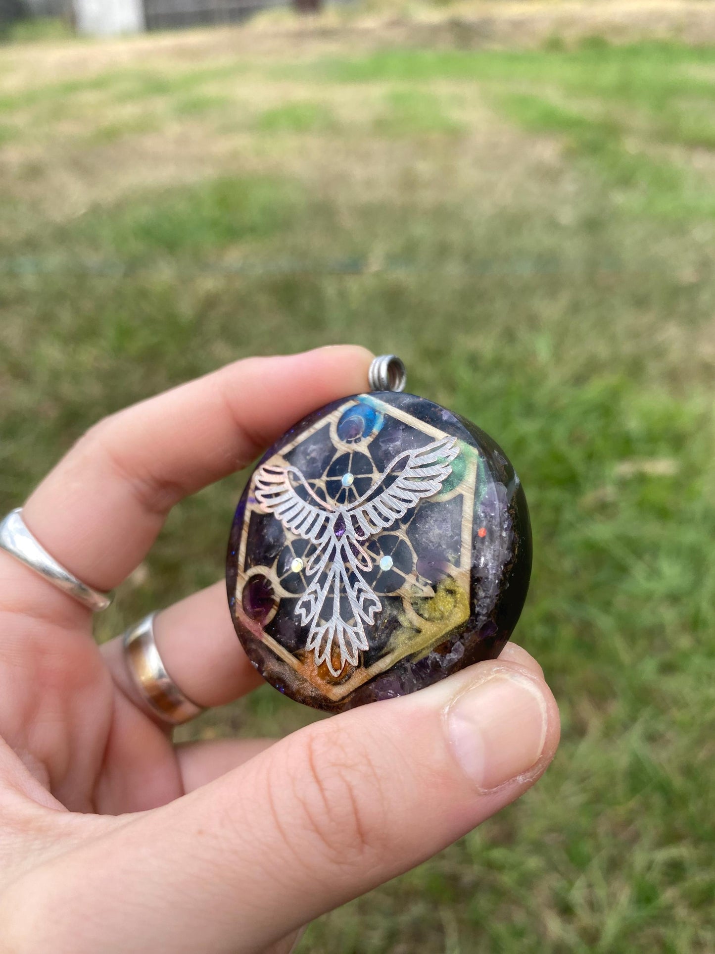 Phoenix/Metatrons Cube, Orgonite Pendant: Shungite, Amethyst, Tensor Ring EMF Protection