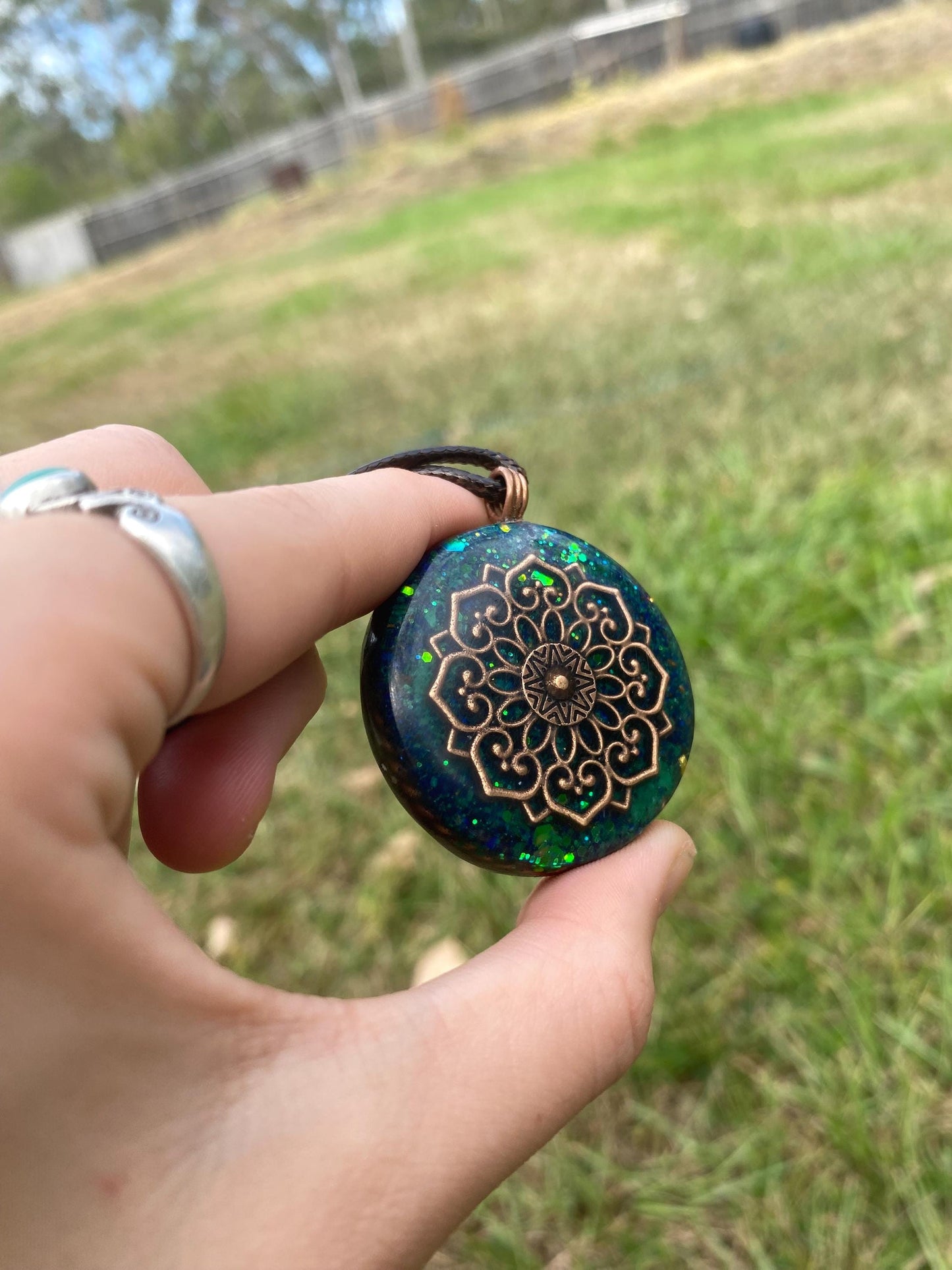 Boho Mandala Orgone Pendant. Made w Elite Shungite, Selenite, Malachite & Azurite. Powerful. EMF Protection. Glow in the dark. TENSOR RING