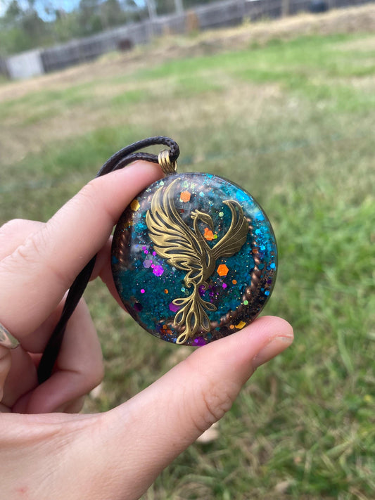 Phoenix Orgone Pendant Necklace. Made w Elite Shungite, chryscolla, & Tensor Ring. Powerful. 5G Protection.