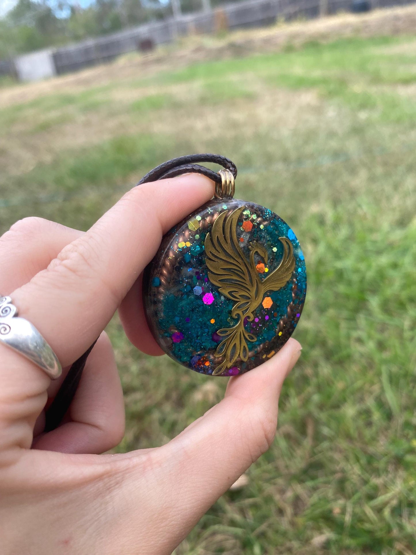 Phoenix Orgone Pendant Necklace. Made w Elite Shungite, chryscolla, & Tensor Ring. Powerful. 5G Protection.
