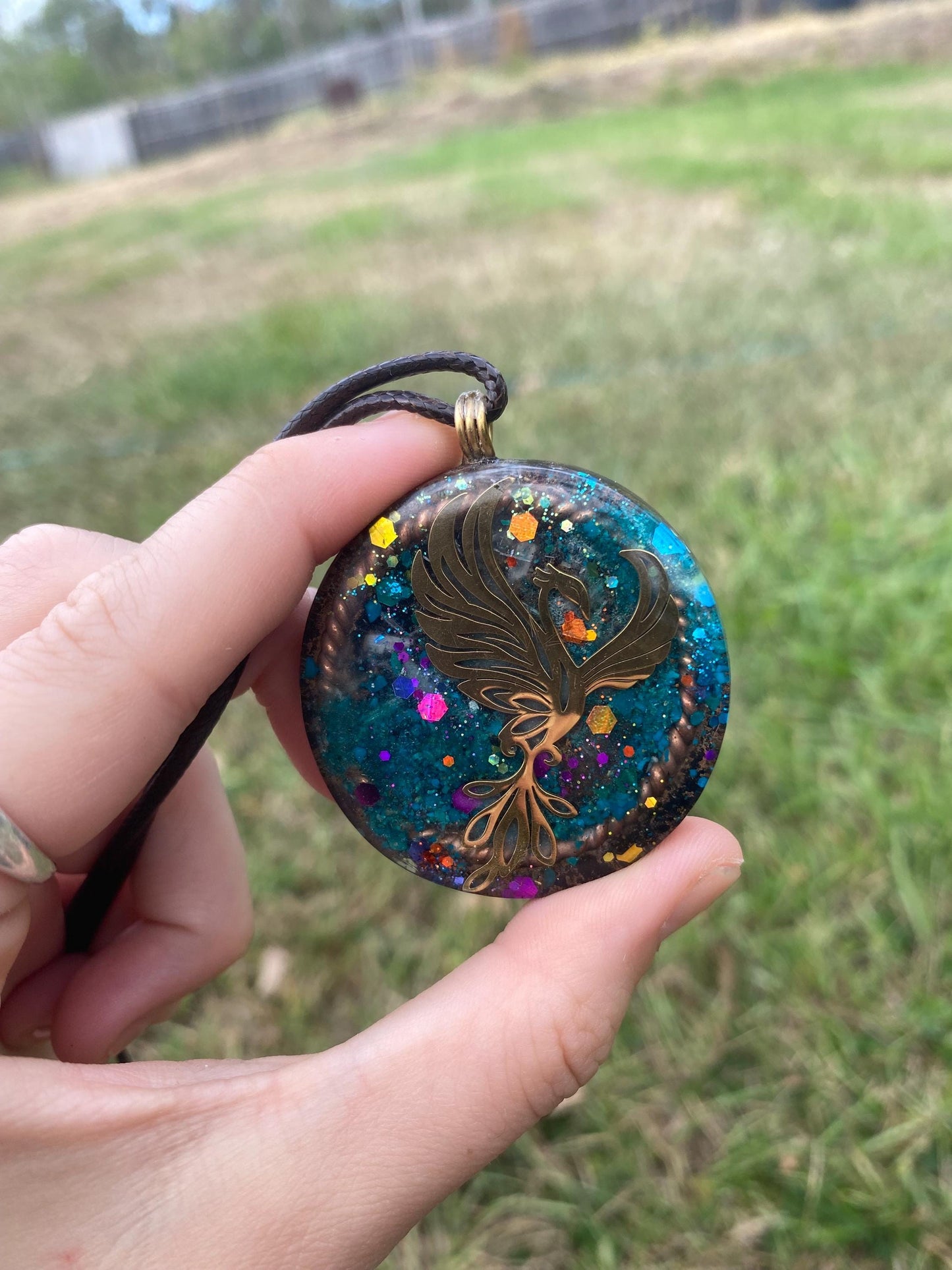 Phoenix Orgone Pendant Necklace. Made w Elite Shungite, chryscolla, & Tensor Ring. Powerful. 5G Protection.