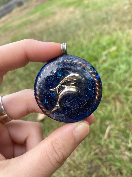 Dolphin. Orgone Pendant Necklace. Made w Elite Shungite, Selenite & Blue Goldstone. Powerful. EMF Protection. 5G Protection. TENSOR RING