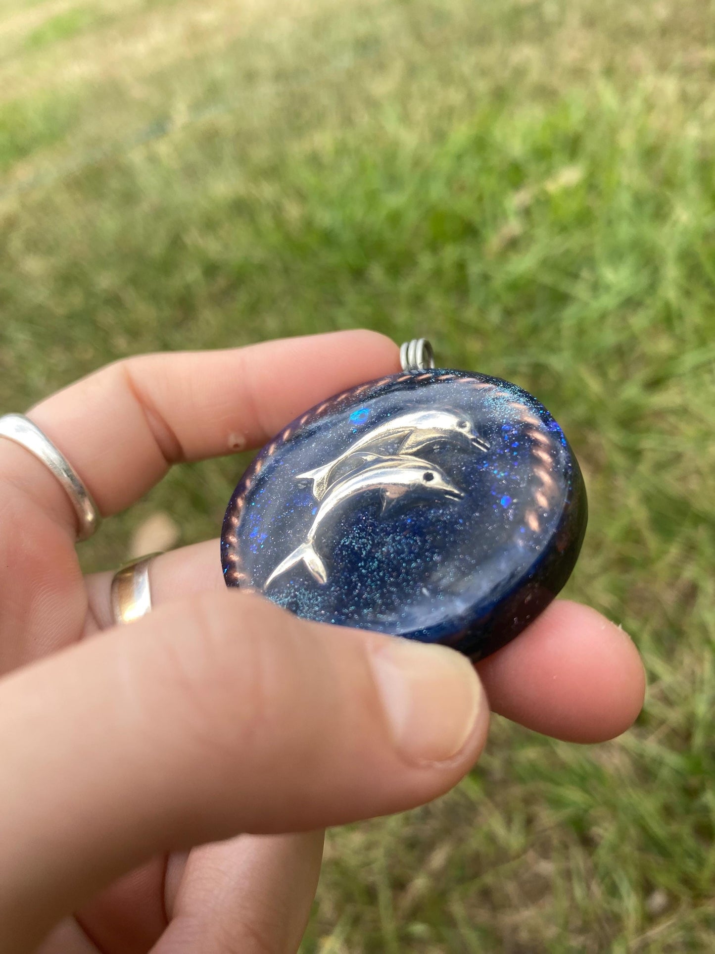 Dolphin. Orgone Pendant Necklace. Made w Elite Shungite, Selenite & Blue Goldstone. Powerful. EMF Protection. 5G Protection. TENSOR RING