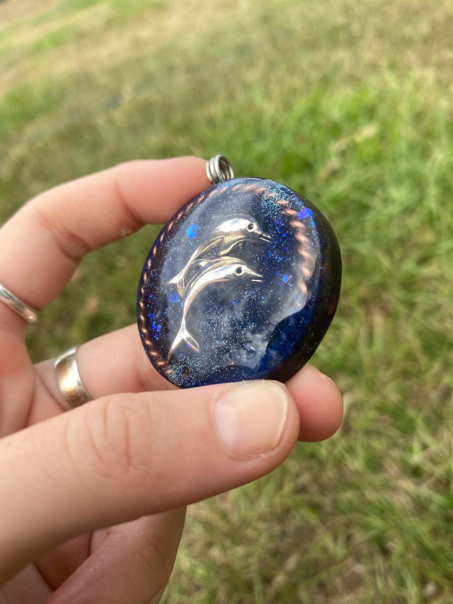 Dolphin. Orgone Pendant Necklace. Made w Elite Shungite, Selenite & Blue Goldstone. Powerful. EMF Protection. 5G Protection. TENSOR RING