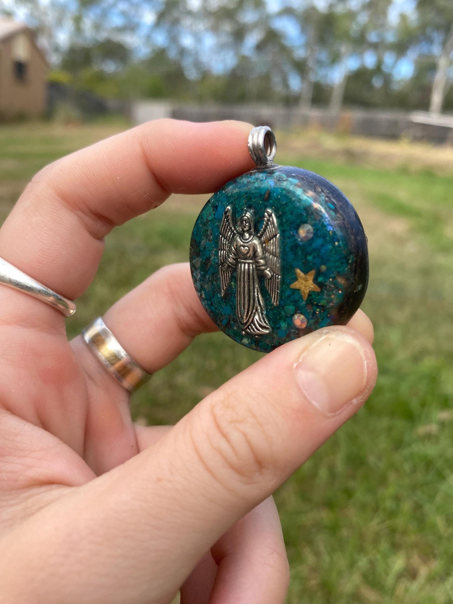 Arch Angel Orgone Pendant Necklace. Made w Elite Shungite, chryscolla, & Tensor Ring. Powerful. 5G Protection.