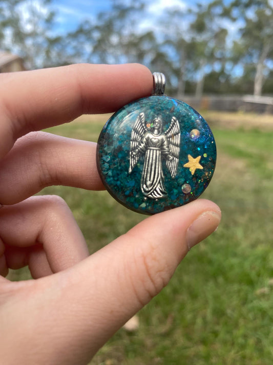 Arch Angel Orgone Pendant Necklace. Made w Elite Shungite, chryscolla, & Tensor Ring. Powerful. 5G Protection.