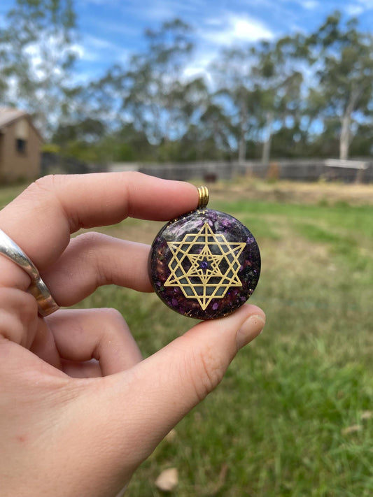 Star Tetrahedron .Orgone Pendant Necklace. Made w Elite Shungite, Stitchtite, 24ct Gold & Tensor Ring. 5G Protection. Glow in the Dark!