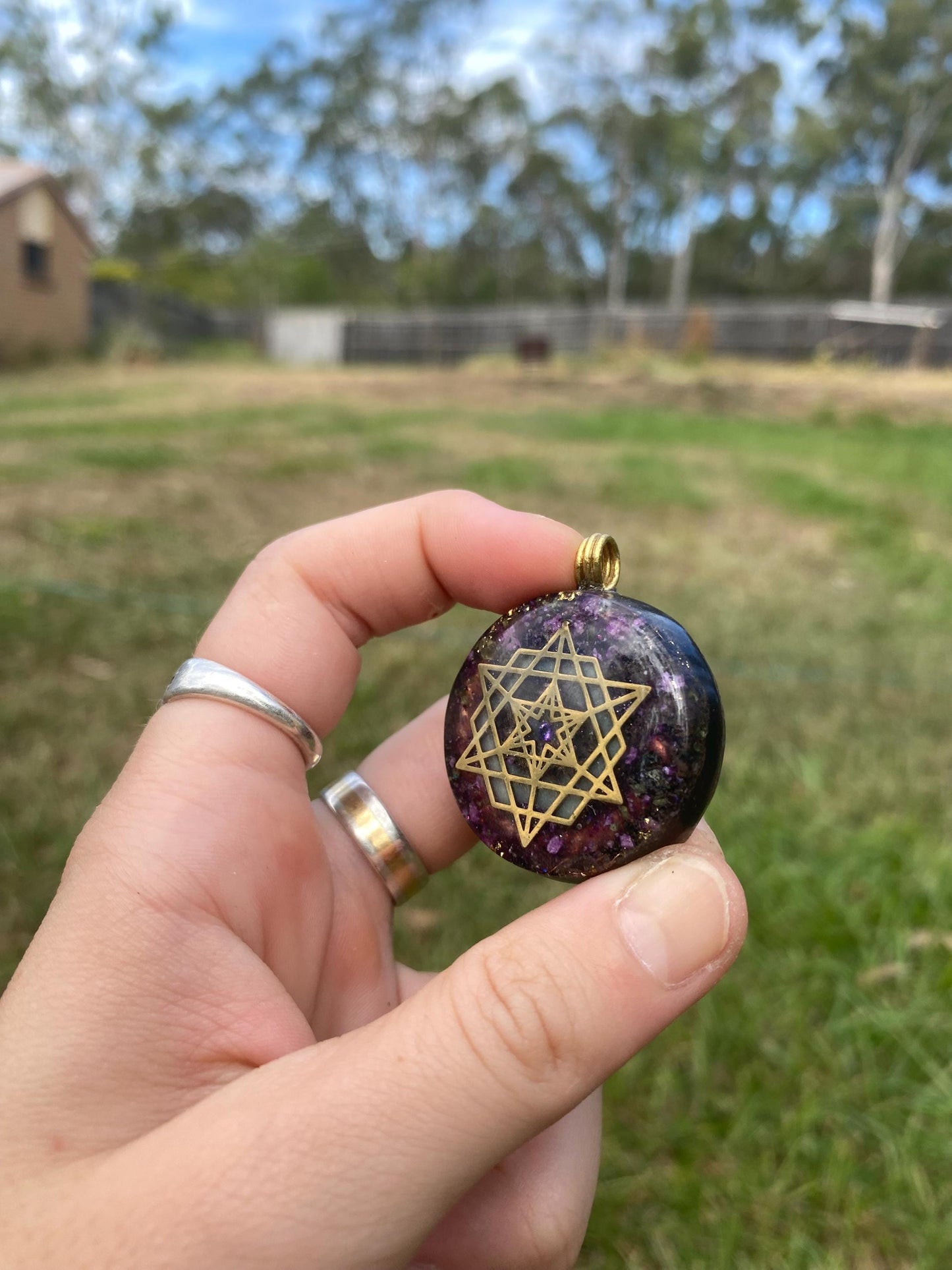 Star Tetrahedron .Orgone Pendant Necklace. Made w Elite Shungite, Stitchtite, 24ct Gold & Tensor Ring. 5G Protection. Glow in the Dark!