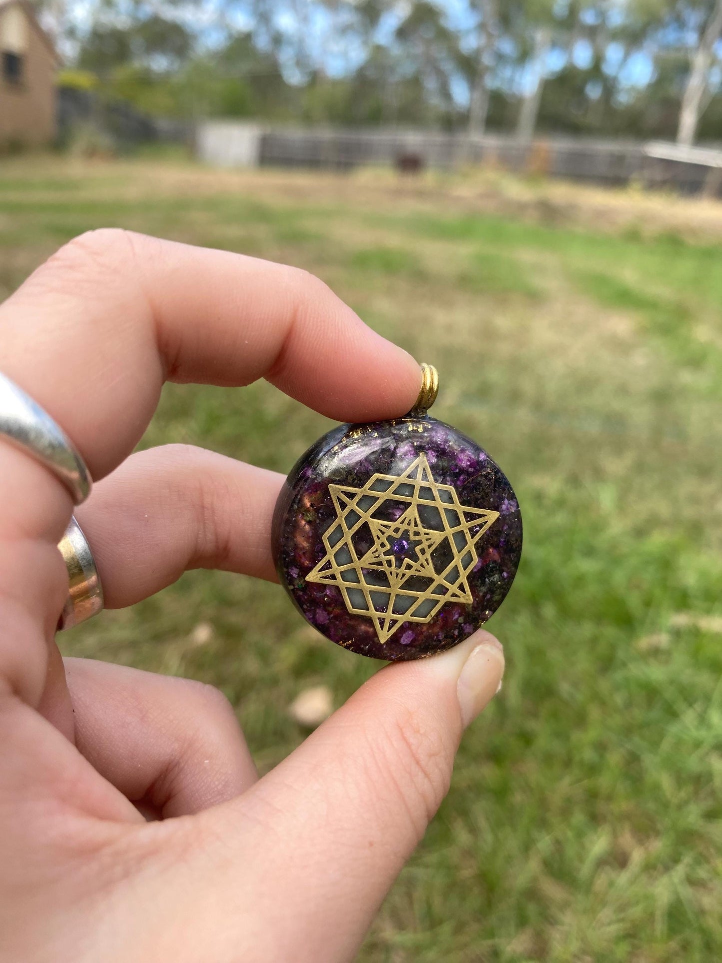 Star Tetrahedron .Orgone Pendant Necklace. Made w Elite Shungite, Stitchtite, 24ct Gold & Tensor Ring. 5G Protection. Glow in the Dark!
