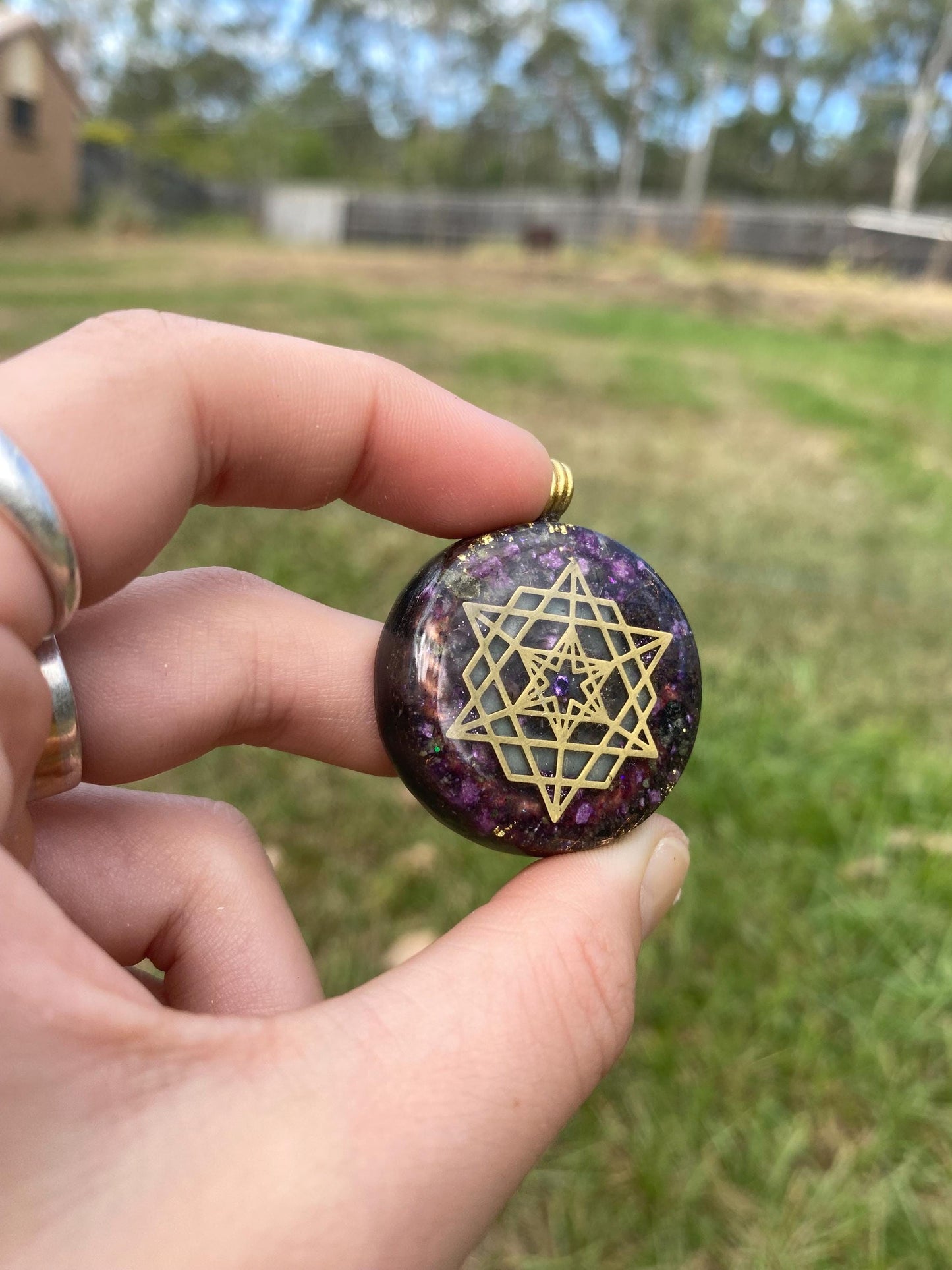 Star Tetrahedron .Orgone Pendant Necklace. Made w Elite Shungite, Stitchtite, 24ct Gold & Tensor Ring. 5G Protection. Glow in the Dark!
