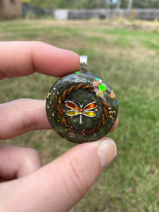 Dragonfly Orgone Pendant Necklace. Made w Elite Shungite, and Diopside. Powerful. EMF Protection. 5G Protection. 24ct Gold